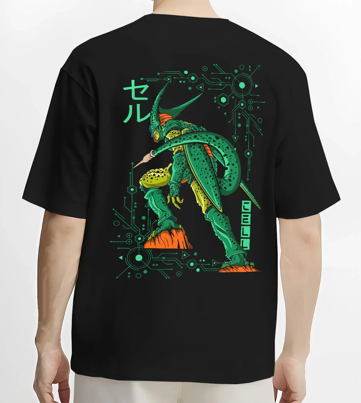 Black T-shirt worn by male model, back view with Cell Hoodie Dragon Ball Z Perfect Villain Evolution graphic streetwear graphic.