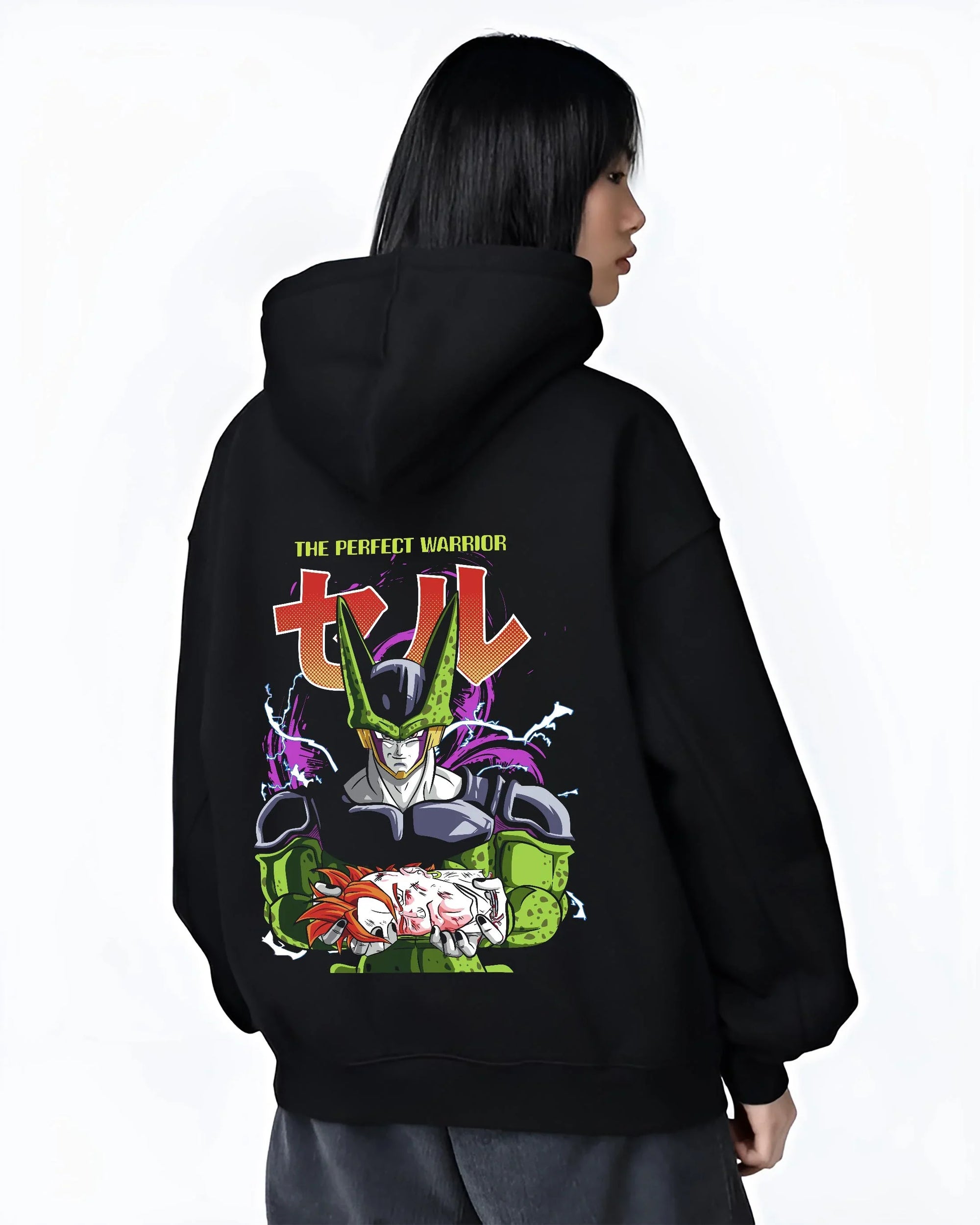 Black hoodie worn by female model, back view with Perfect Cell Hoodie Dragon Ball Z Warrior Form Pose graphic streetwear graphic.