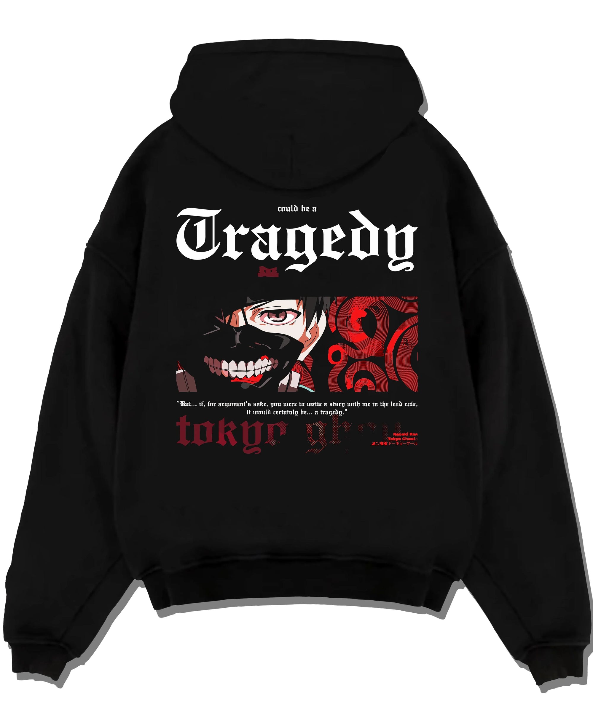 Black pullover hoodie laid flat with Tokyo Ghoul Ken Kaneki Hoodie Centipede Form Jumper graphic streetwear graphic.