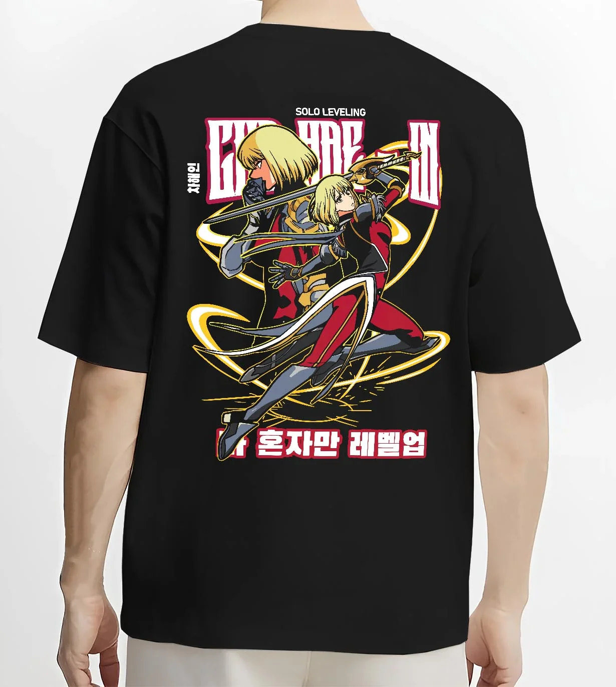 Black T-shirt worn by male model, back view with Cha Hae In Solo Leveling Hoodie Hunter Anime Jumper graphic streetwear graphic.