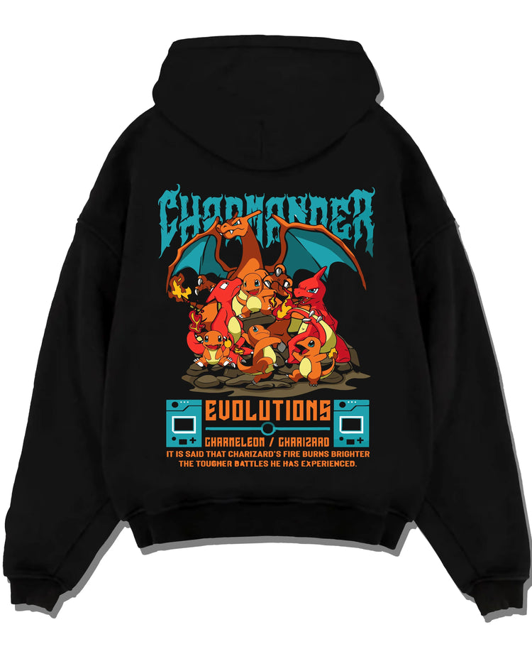 Black pullover hoodie laid flat with Charizard Hoodie Pokémon Evolutions Retro Flame Hero graphic bold anime graphic.