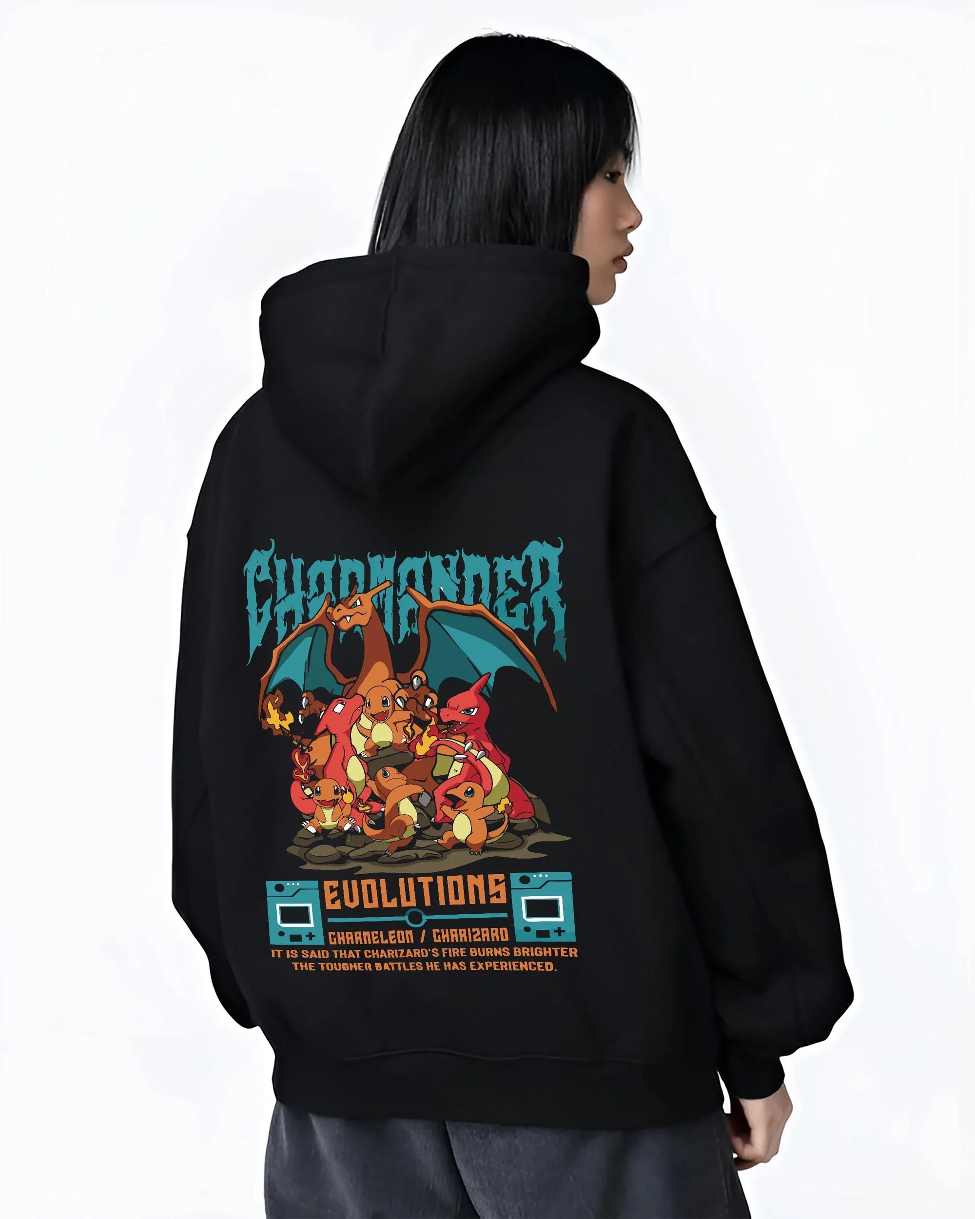 Black hoodie worn by female model, back view with Charizard Hoodie Pokémon Evolutions Retro Flame Hero graphic premium wear.