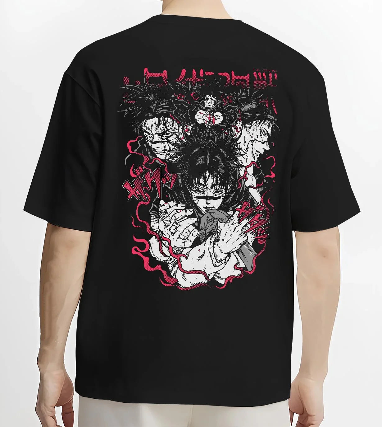 Black T-shirt worn by male model, back view with Choso Hoodie Jujutsu Kaisen Cursed Blood Red Battle graphic Choso anime design.