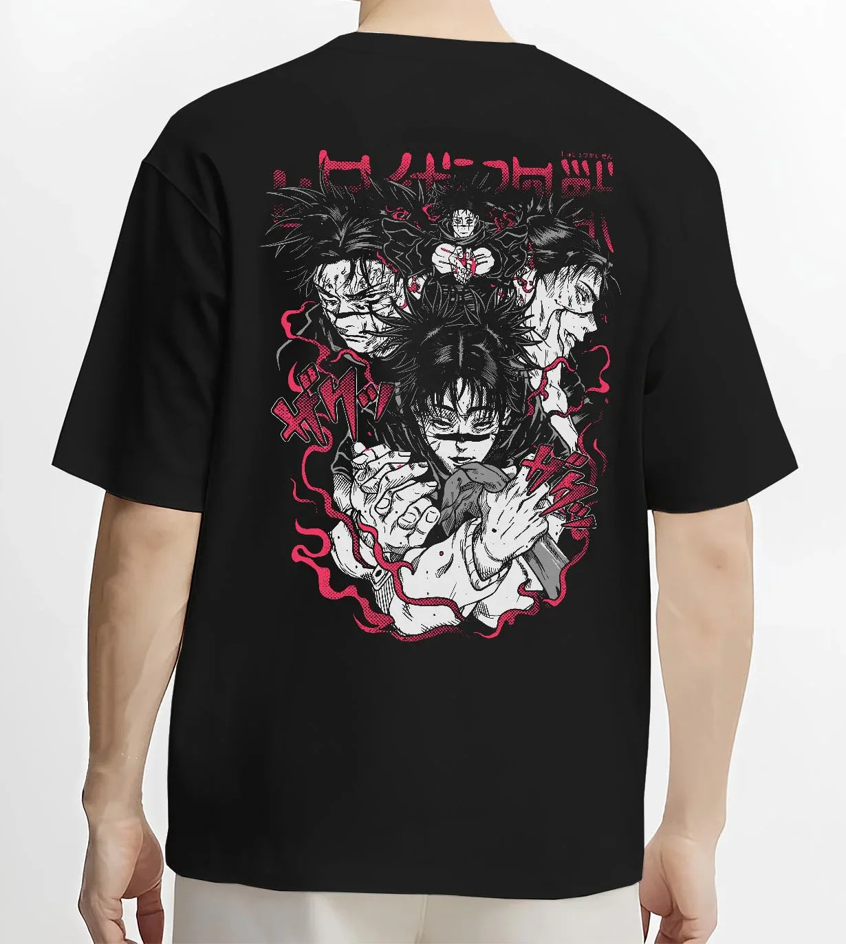 Black T-shirt worn by male model, back view with Choso Hoodie Jujutsu Kaisen Cursed Blood Red Battle graphic Choso anime design.