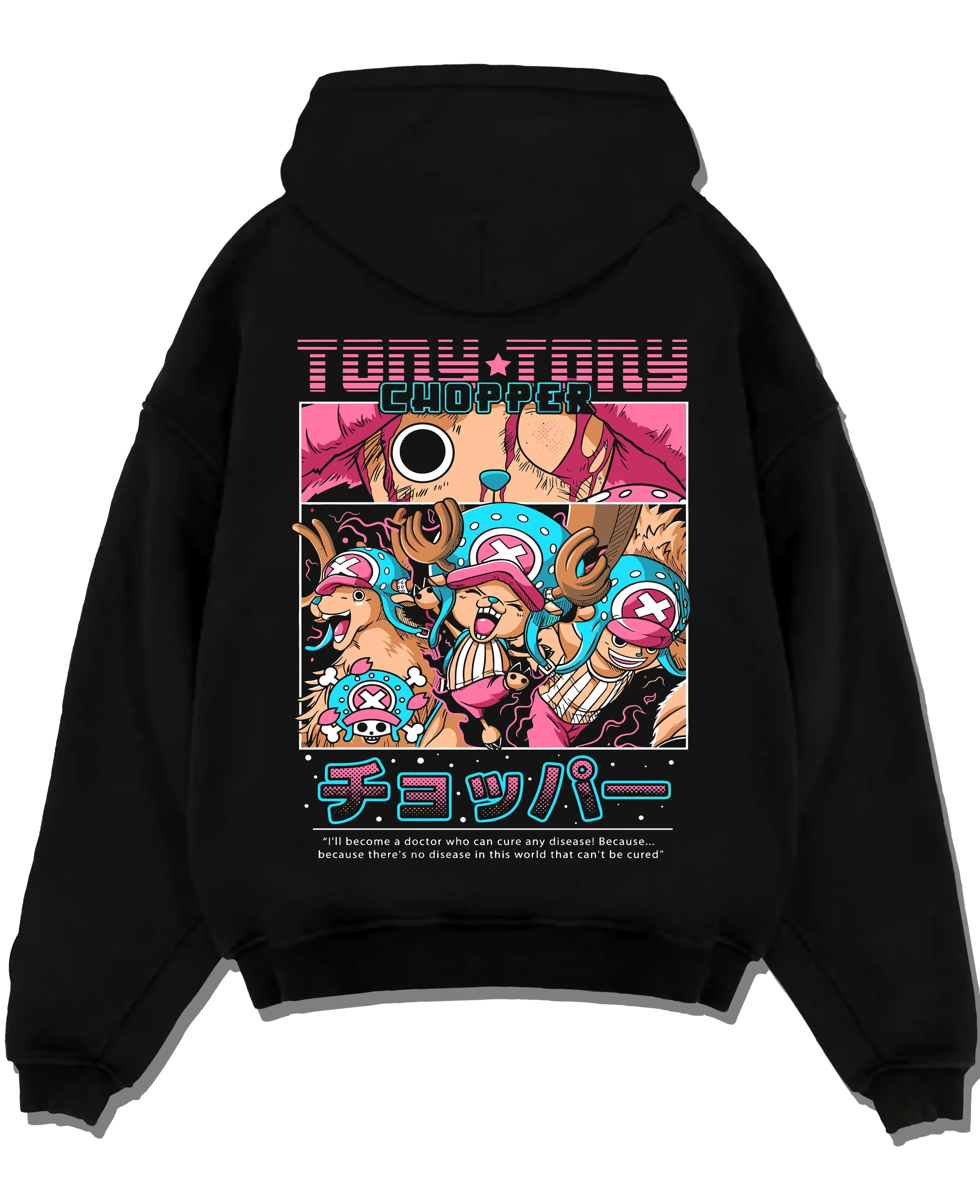 Black pullover hoodie laid flat with Chopper Hoodie One Piece Doctor Retro Pirate Collage graphic premium wear.