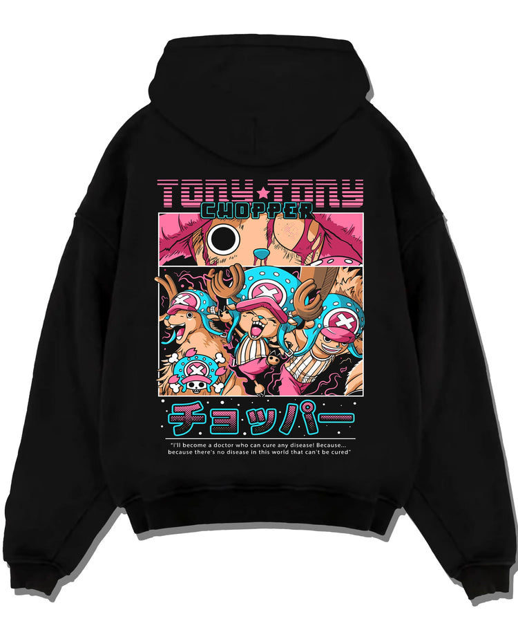 Black pullover hoodie laid flat with Chopper Hoodie One Piece Doctor Retro Pirate Collage graphic premium wear.
