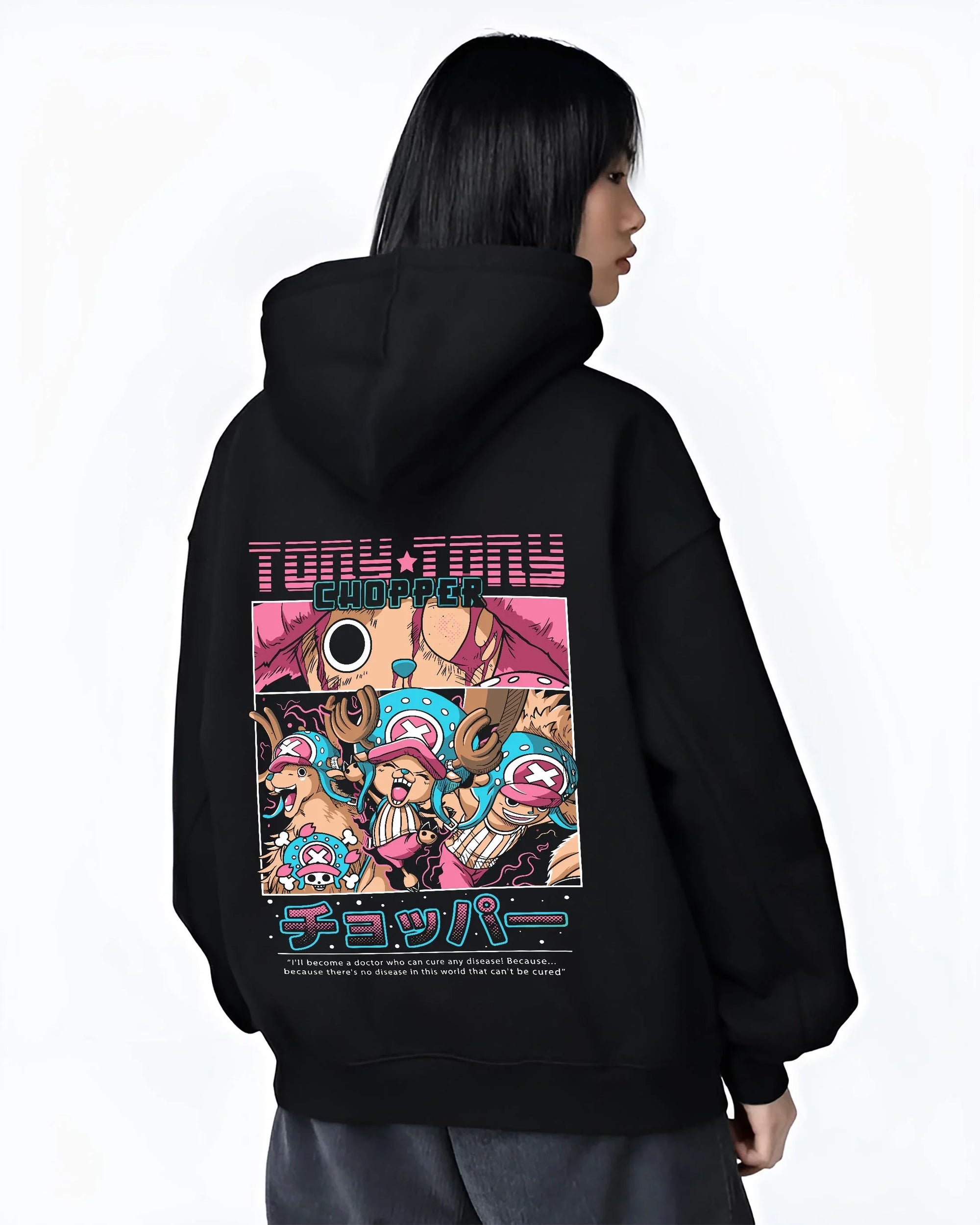 Black hoodie worn by female model, back view with Chopper Hoodie One Piece Doctor Retro Pirate Collage graphic premium wear.