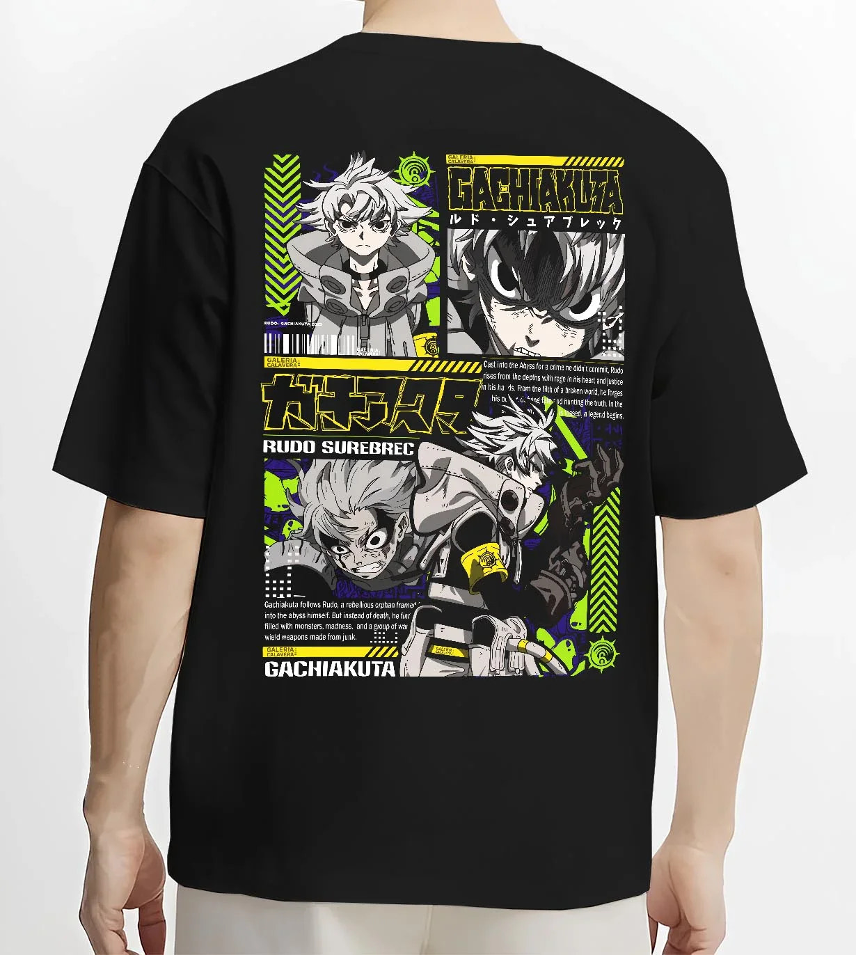 Black T-shirt worn by male model, back view with Gachiakuta Rudo Hoodie Rebel Fighter Anime Jumper graphic premium wear.