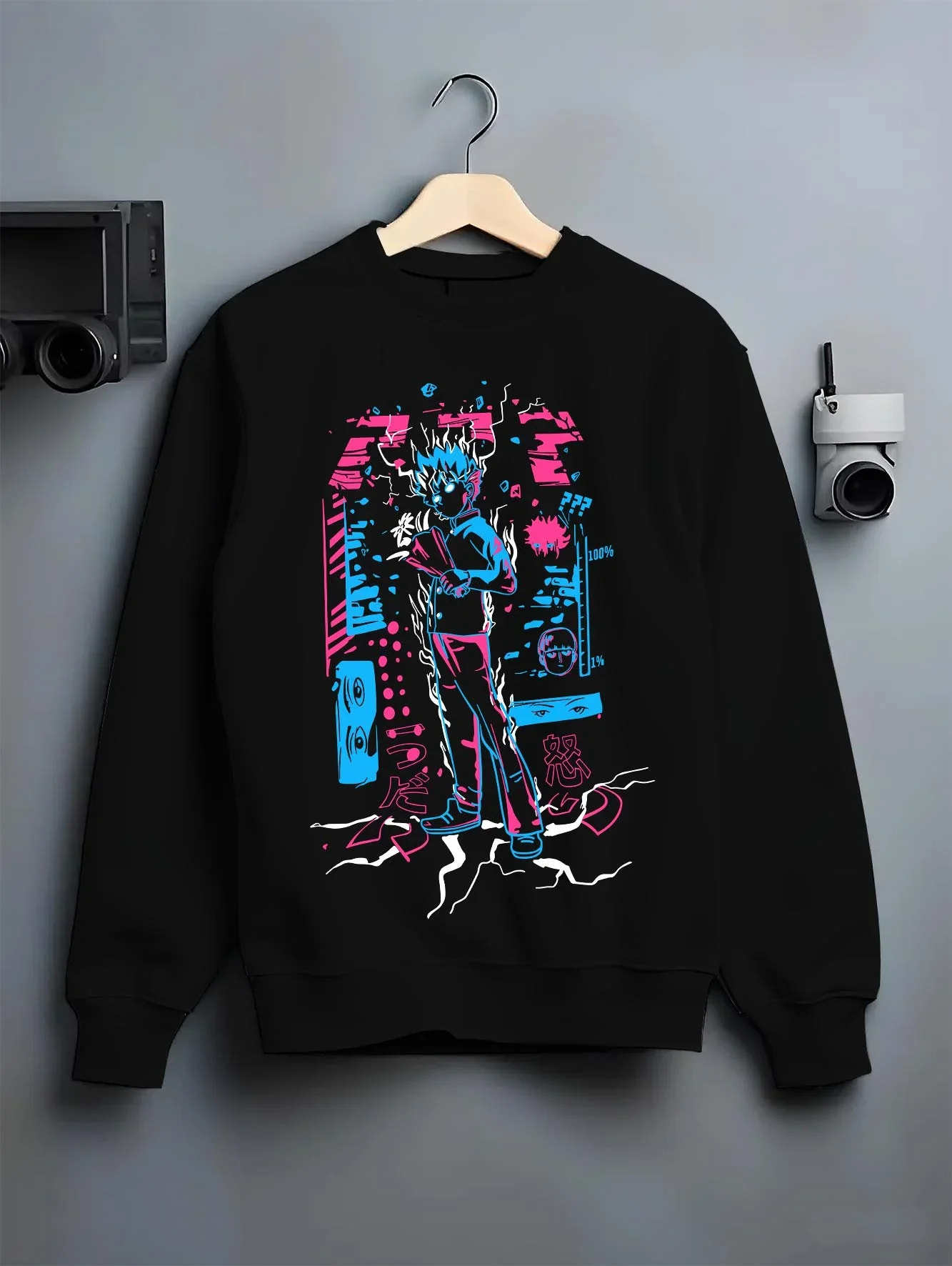 Black crewneck sweatshirt on hanger with Jujutsu Kaisen Hoodie Yuji Itadori Battle Jumper graphic premium wear.