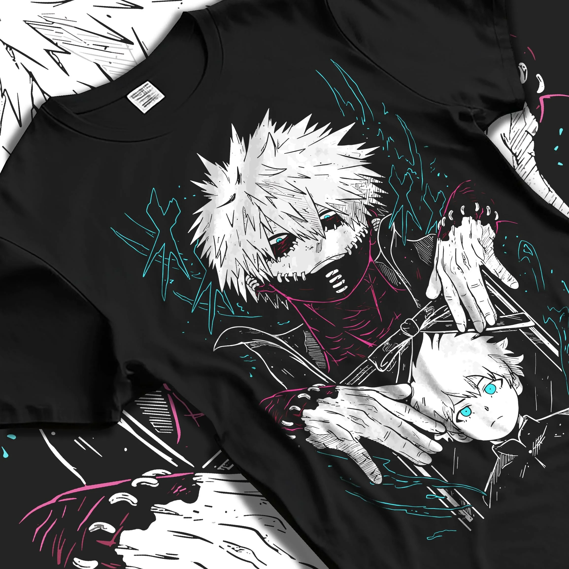 Black T-shirt laid flat with natural folds with Dabi Hoodie My Hero Academia Blue Flames Villain Art graphic Dabi themed artwork.