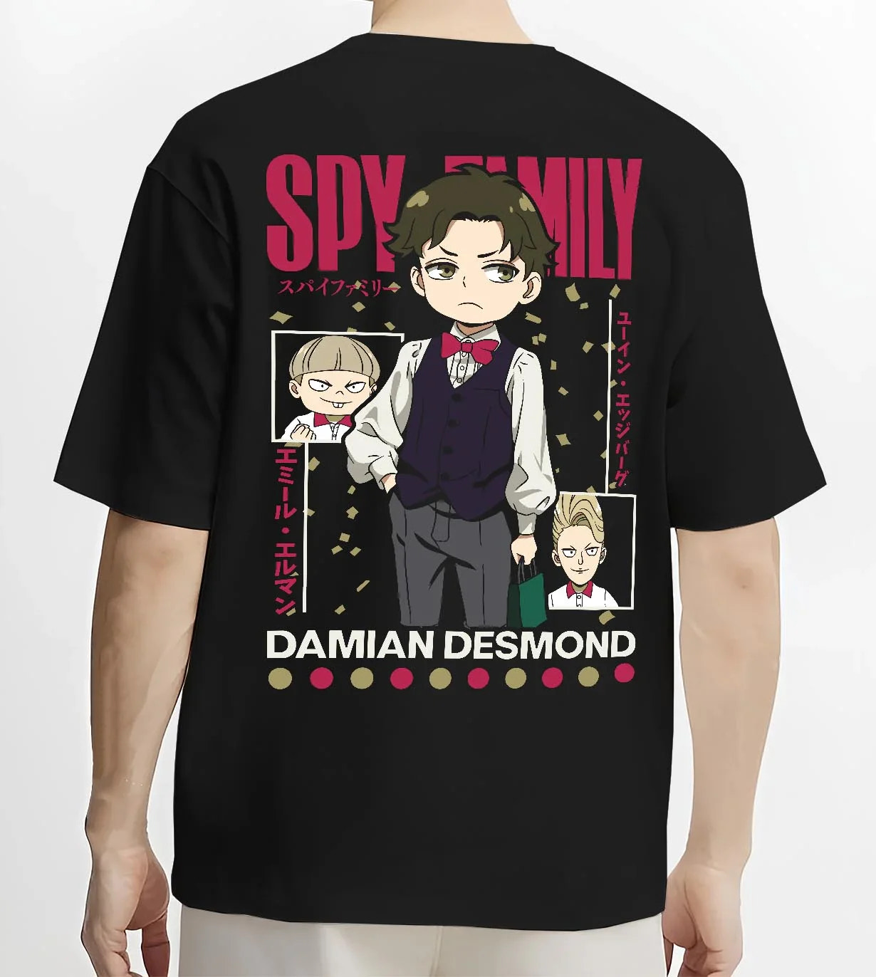 Black T-shirt worn by male model, back view with Damian Hoodie Spy x Family Desmond School Retro Scene graphic premium wear.