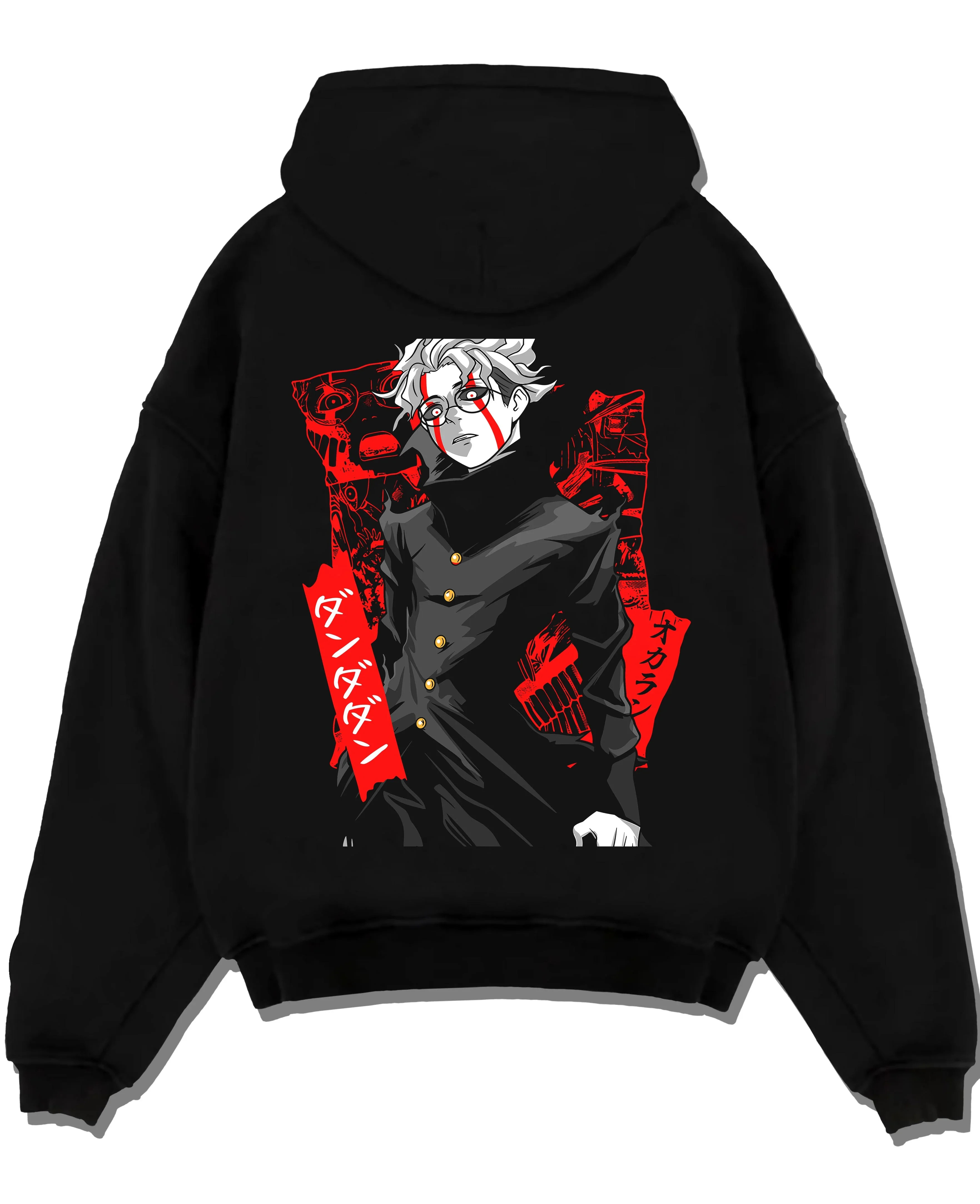 Black pullover hoodie laid flat with Ken Turbo Form Hoodie Dandadan Psychic Showdown graphic premium wear.
