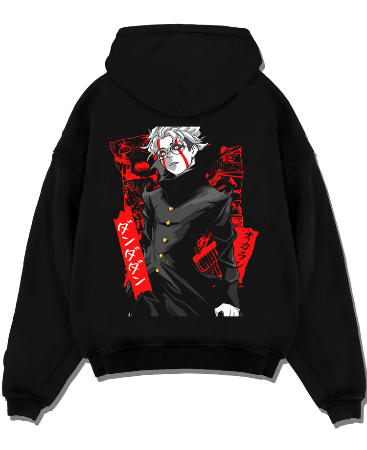 Black pullover hoodie laid flat with Ken Turbo Form Hoodie Dandadan Psychic Showdown graphic premium wear.