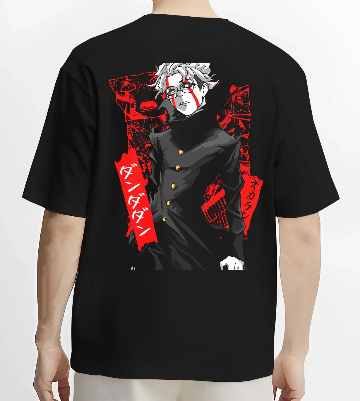Black T-shirt worn by male model, back view with Ken Turbo Form Hoodie Dandadan Psychic Showdown graphic streetwear graphic.