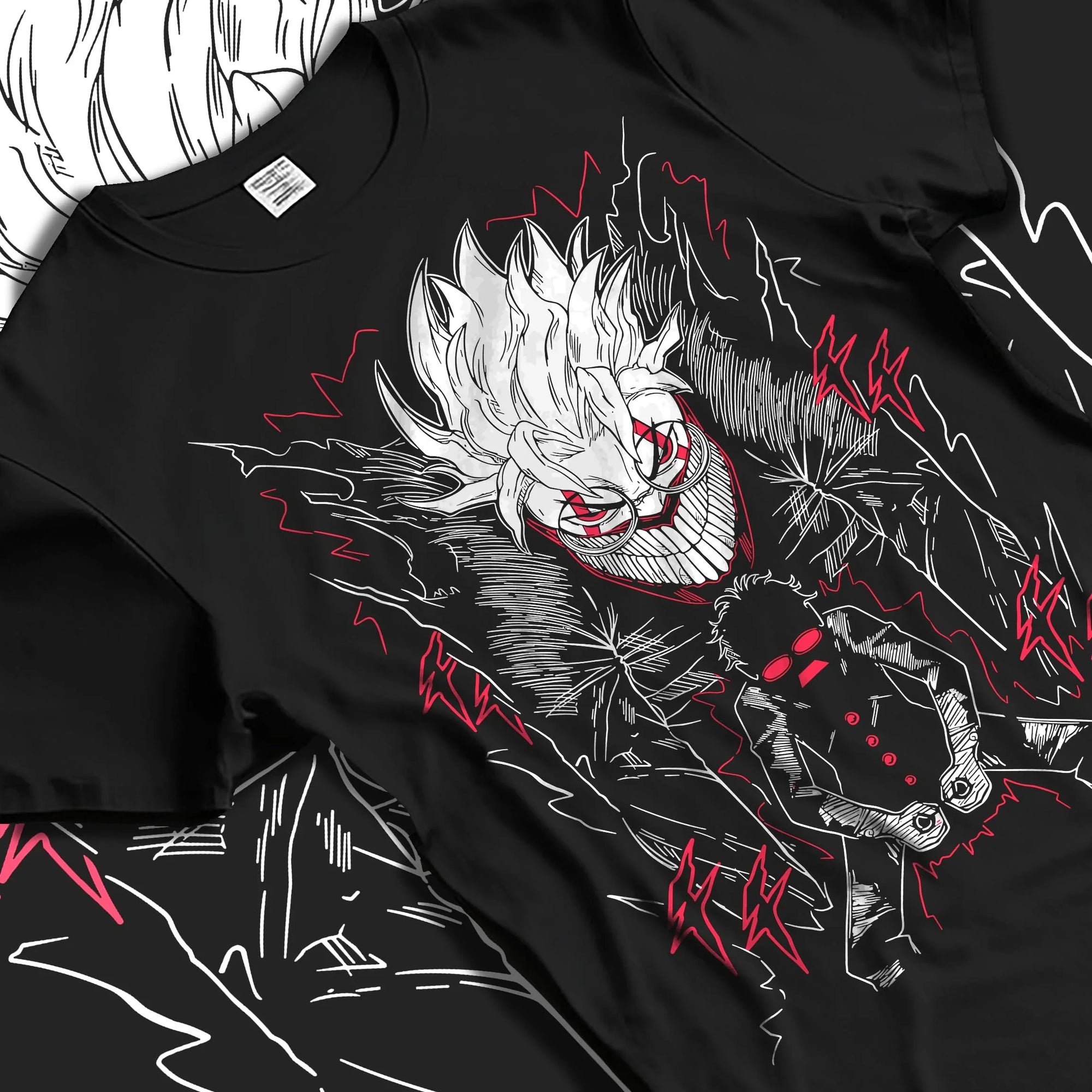 Black T-shirt laid flat with natural folds with Ken Turbo Power Hoodie Dandadan Ghostly Encounter graphic streetwear graphic.