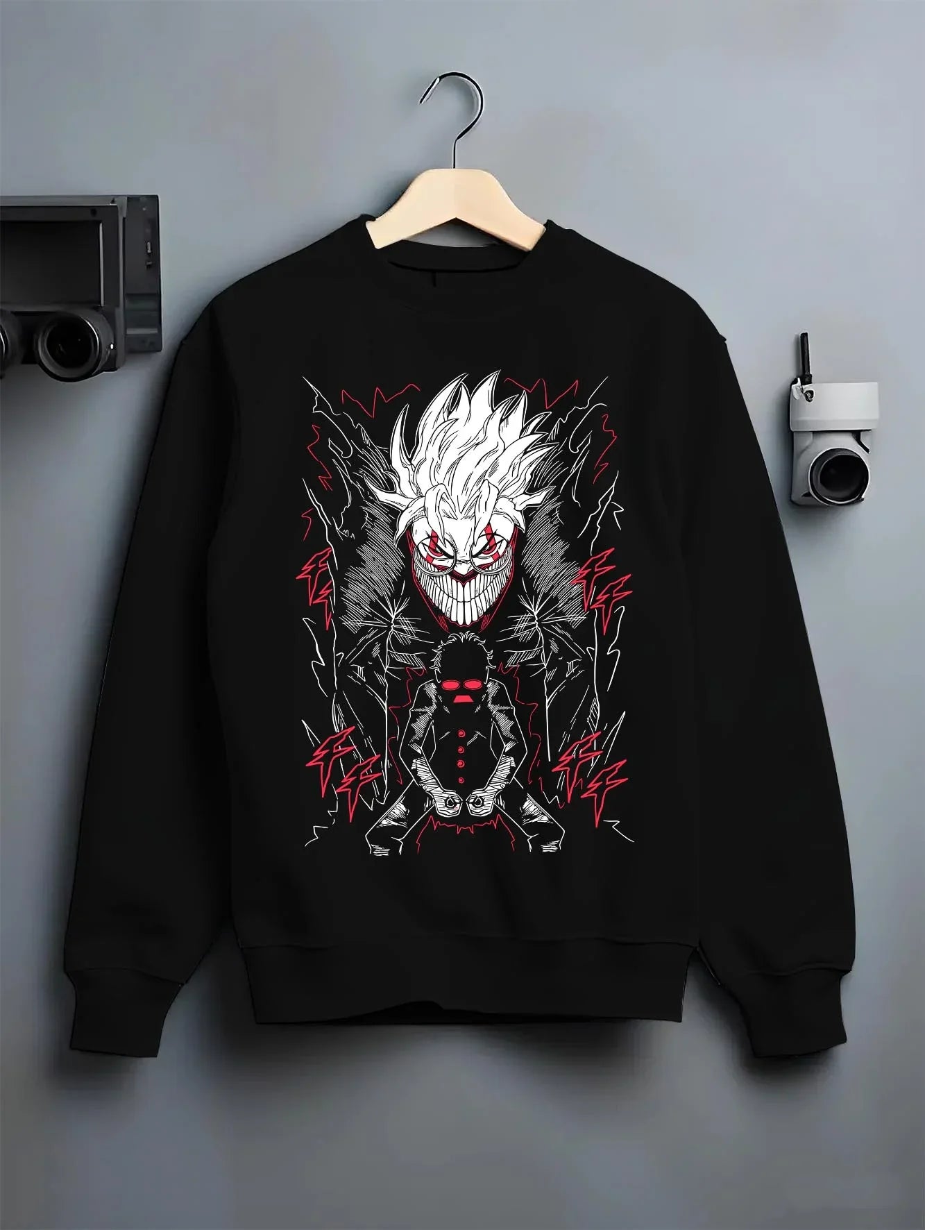 Black crewneck sweatshirt on hanger with Ken Turbo Power Hoodie Dandadan Ghostly Encounter graphic streetwear graphic.