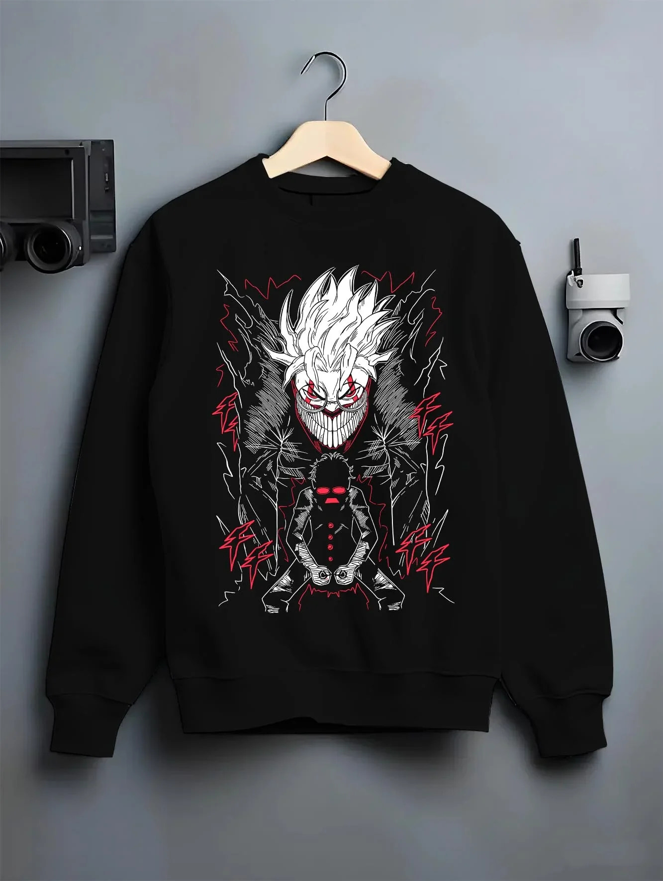 Black crewneck sweatshirt on hanger with Ken Turbo Power Hoodie Dandadan Ghostly Encounter graphic streetwear graphic.