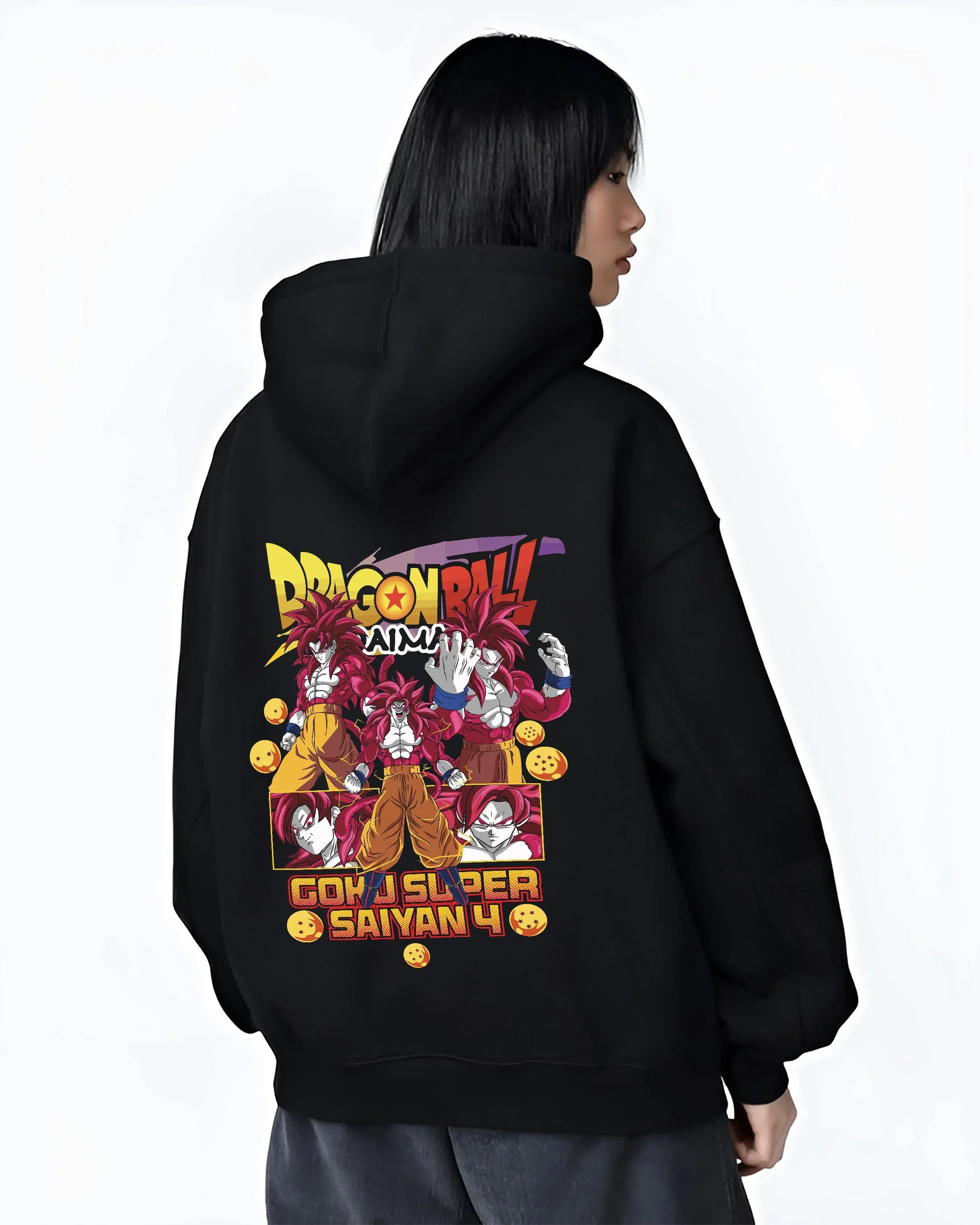 Black hoodie worn by female model, back view with Goku Super Saiyan 4 Hoodie Dragon Ball GT Retro Print graphic Goku anime design.