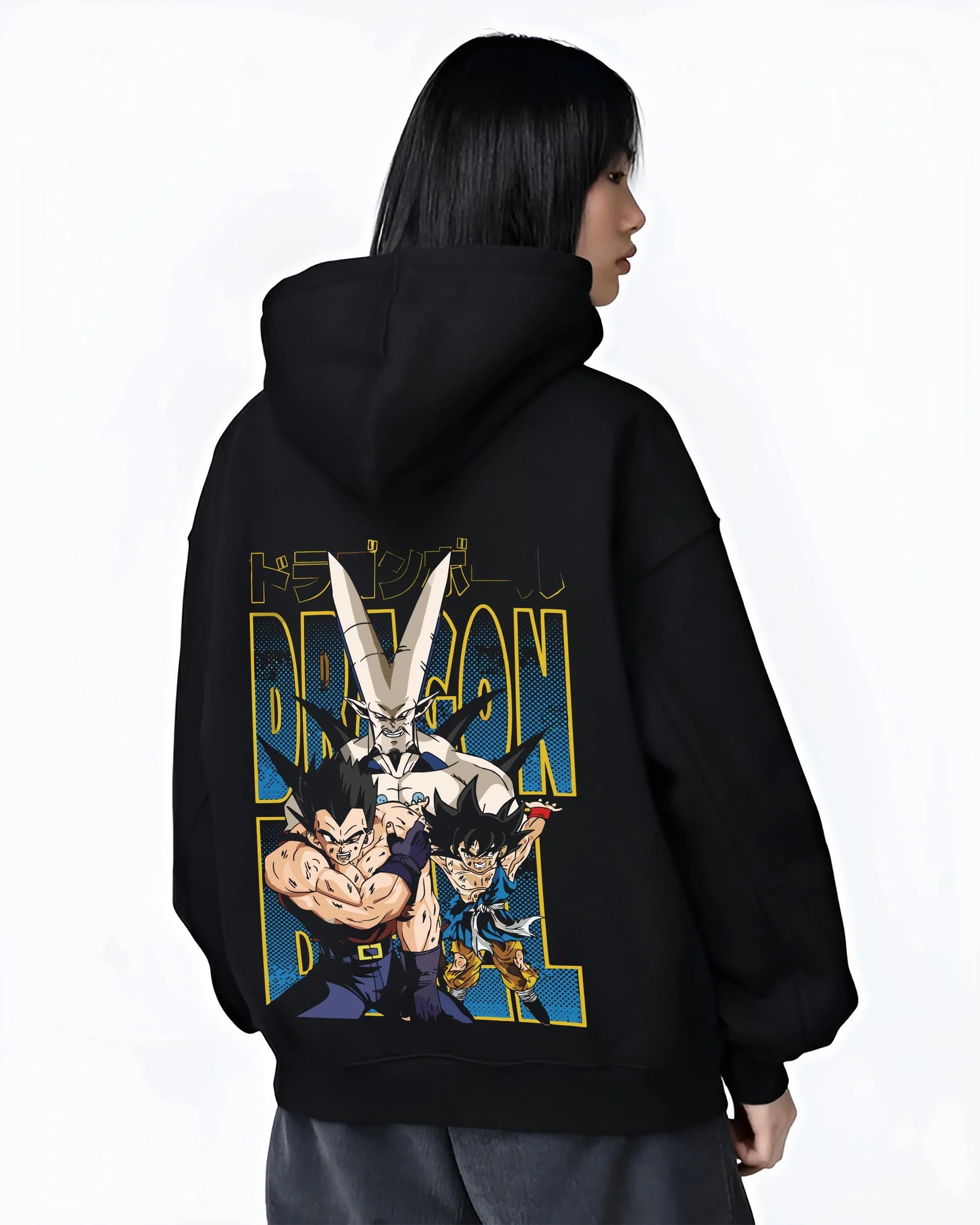 Black hoodie worn by female model, back view with Omega Shenron Hoodie Dragon Ball GT Villain Battle graphic streetwear graphic.
