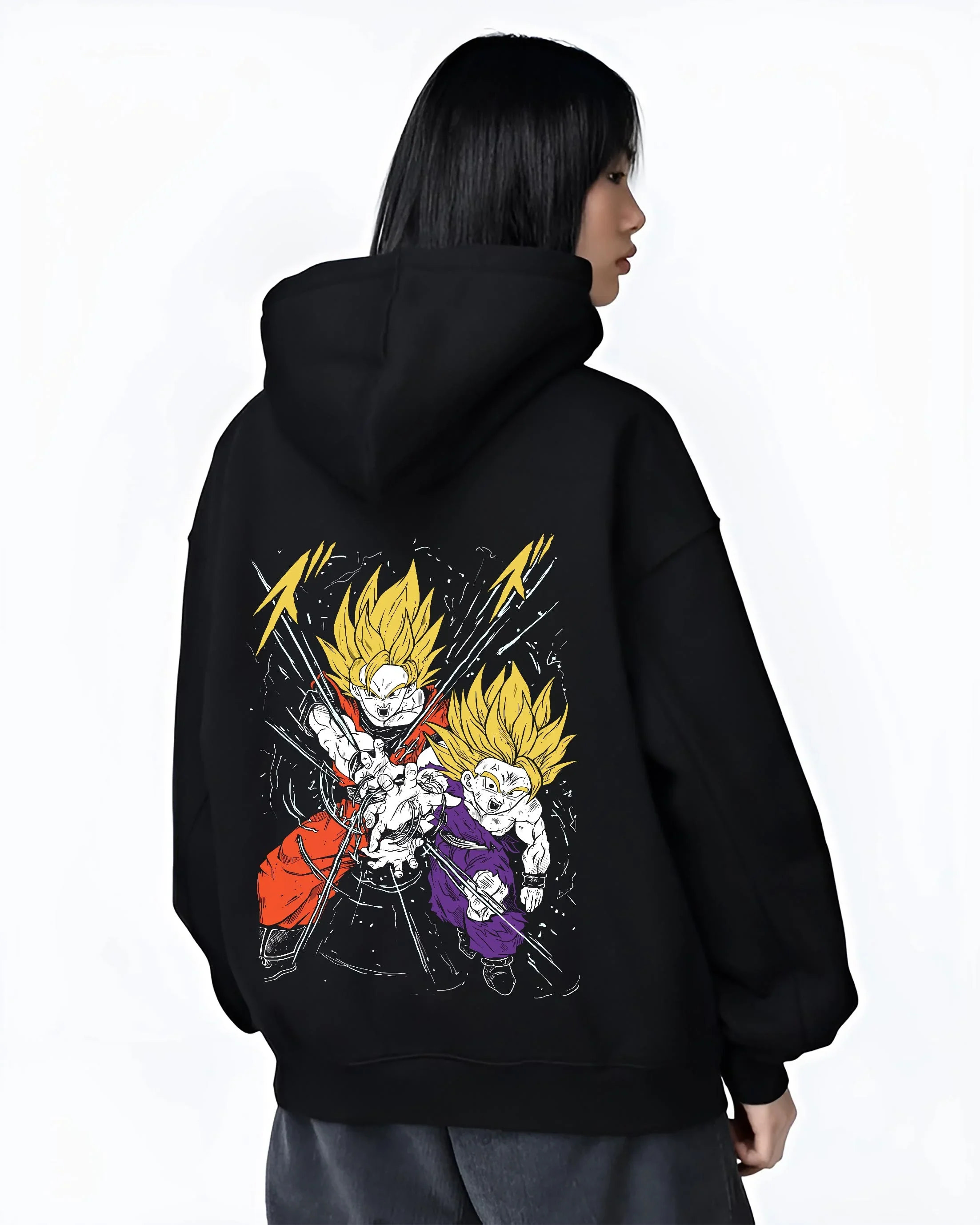 Black hoodie worn by female model, back view with Gohan Hoodie Dragon Ball Z Super Saiyan Rage Clash graphic streetwear graphic.