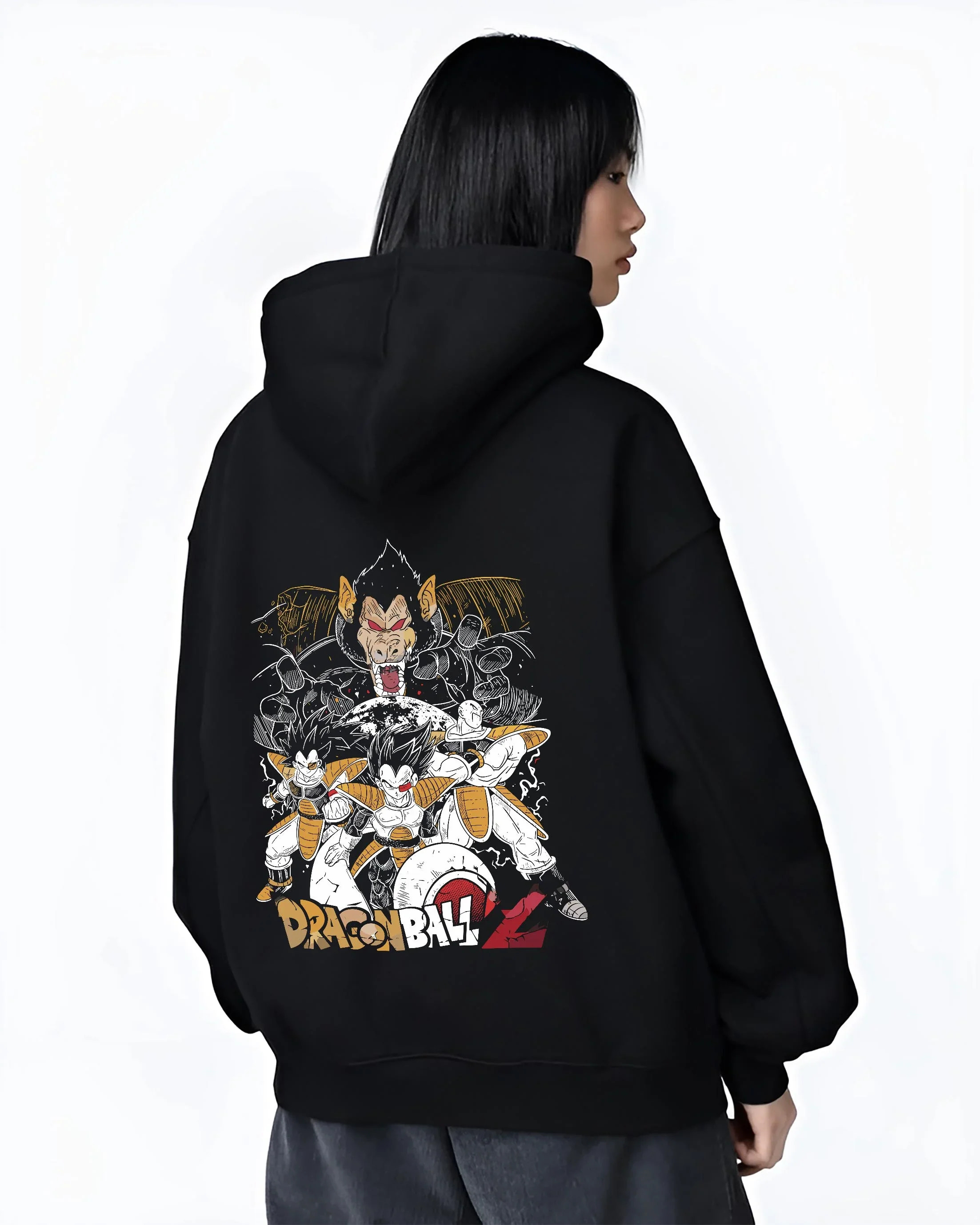 Black hoodie worn by female model, back view with Vegeta Hoodie Dragon Ball Z Saiyan Group Battle graphic streetwear graphic.