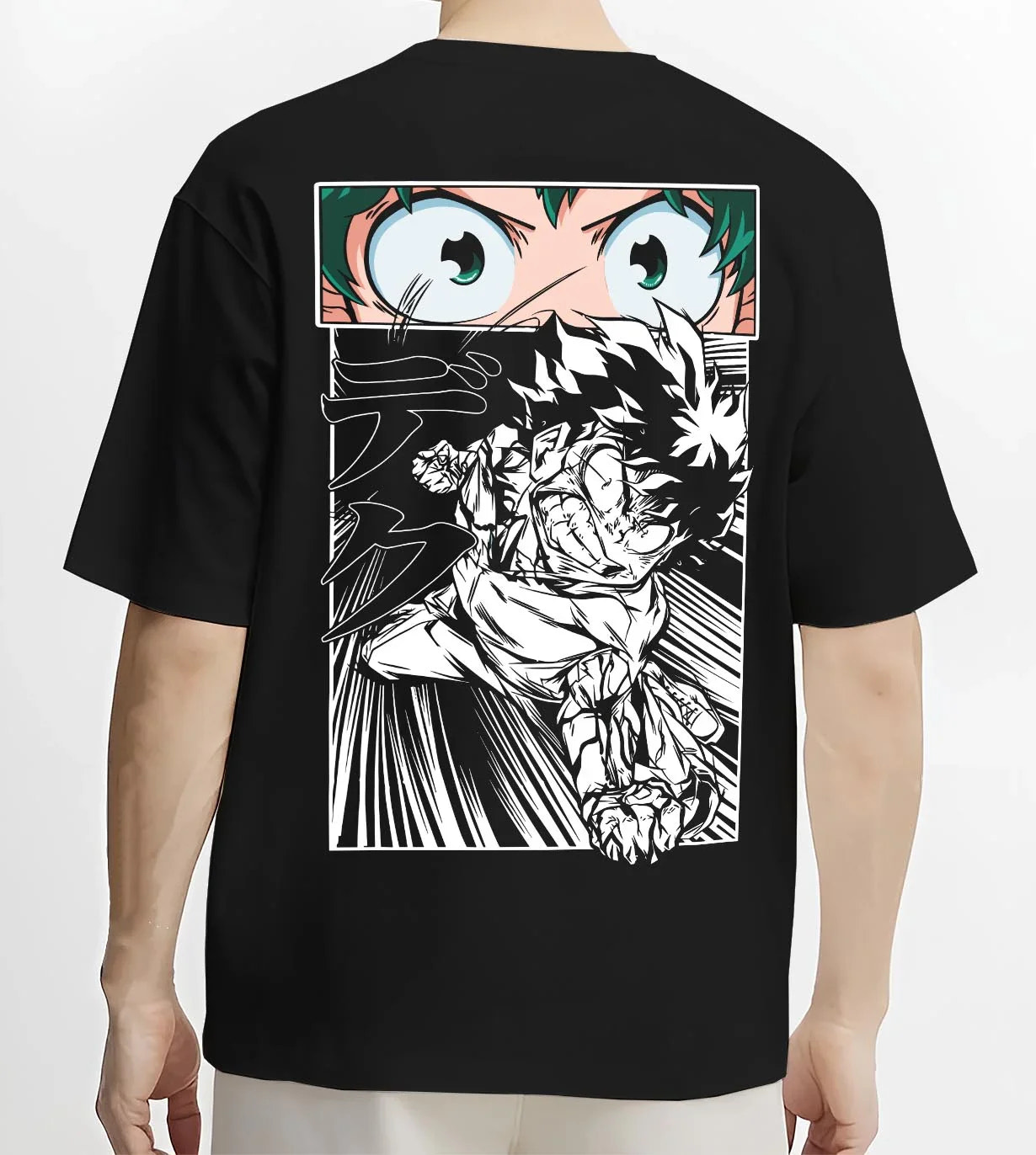 Black T-shirt worn by male model, back view with Deku Hoodie My Hero Academia Dynamic Action Line Art graphic bold anime graphic.