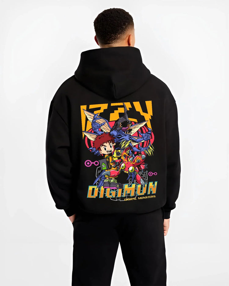 Black hoodie worn by male model, back view with Digimon Hoodie Tai and Agumon Digital Monsters Print graphic bold anime graphic.