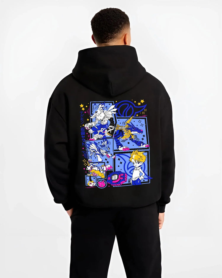 Black hoodie worn by male model, back view with Digimon Hoodie Matt and Gabumon Battle Retro Poster graphic premium wear.