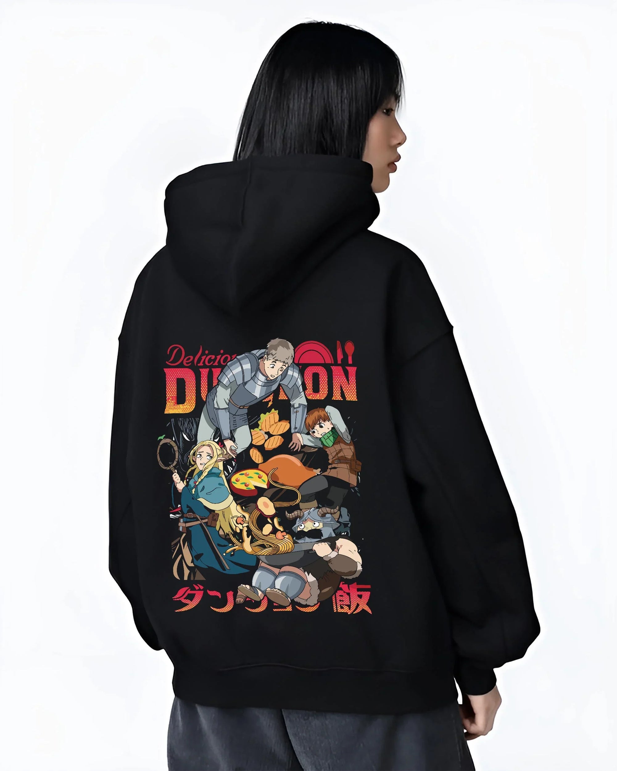 Black hoodie worn by female model, back view with Devil May Cry Hoodie Dante Retro Stylish Demon Duo graphic bold anime graphic.