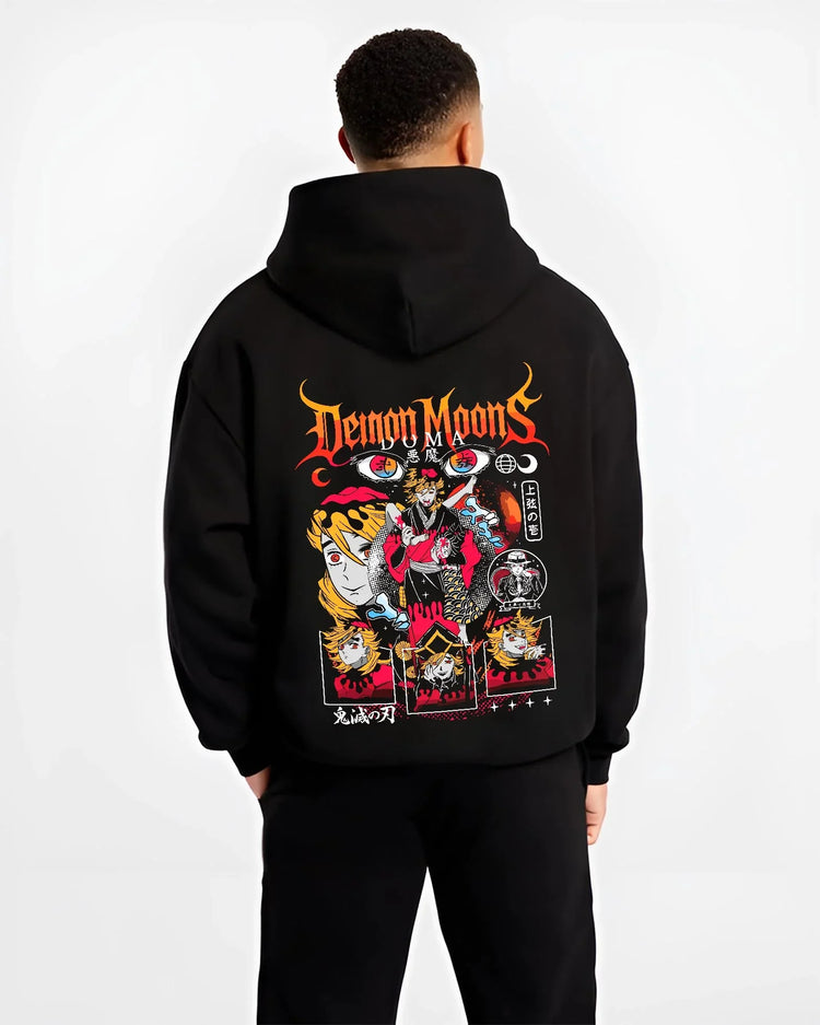 Black hoodie worn by male model, back view with Demon Slayer Hoodie Douma Upper Moons Retro Poster graphic premium wear.