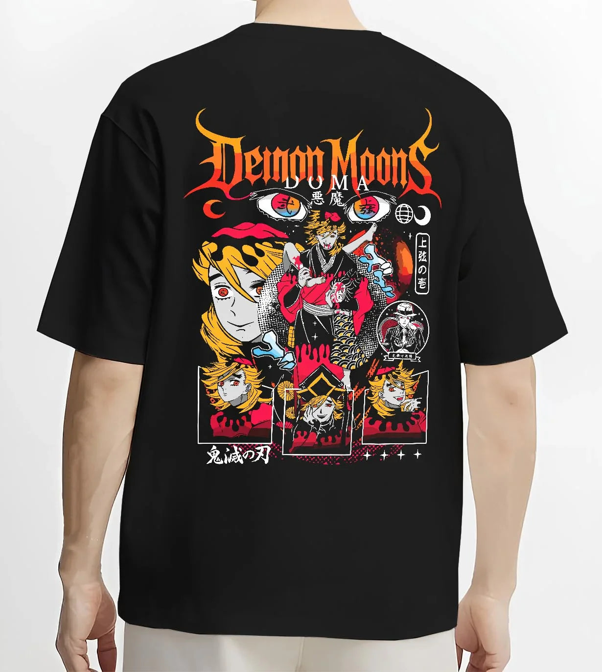 Black T-shirt worn by male model, back view with Demon Slayer Hoodie Douma Upper Moons Retro Poster graphic streetwear graphic.