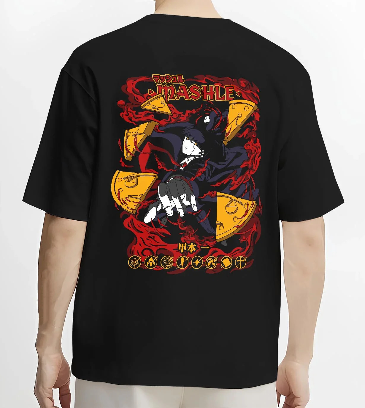 Black T-shirt worn by male model, back view with Mashle Hoodie Mash Burnedead Power Magic Jumper graphic bold anime graphic.