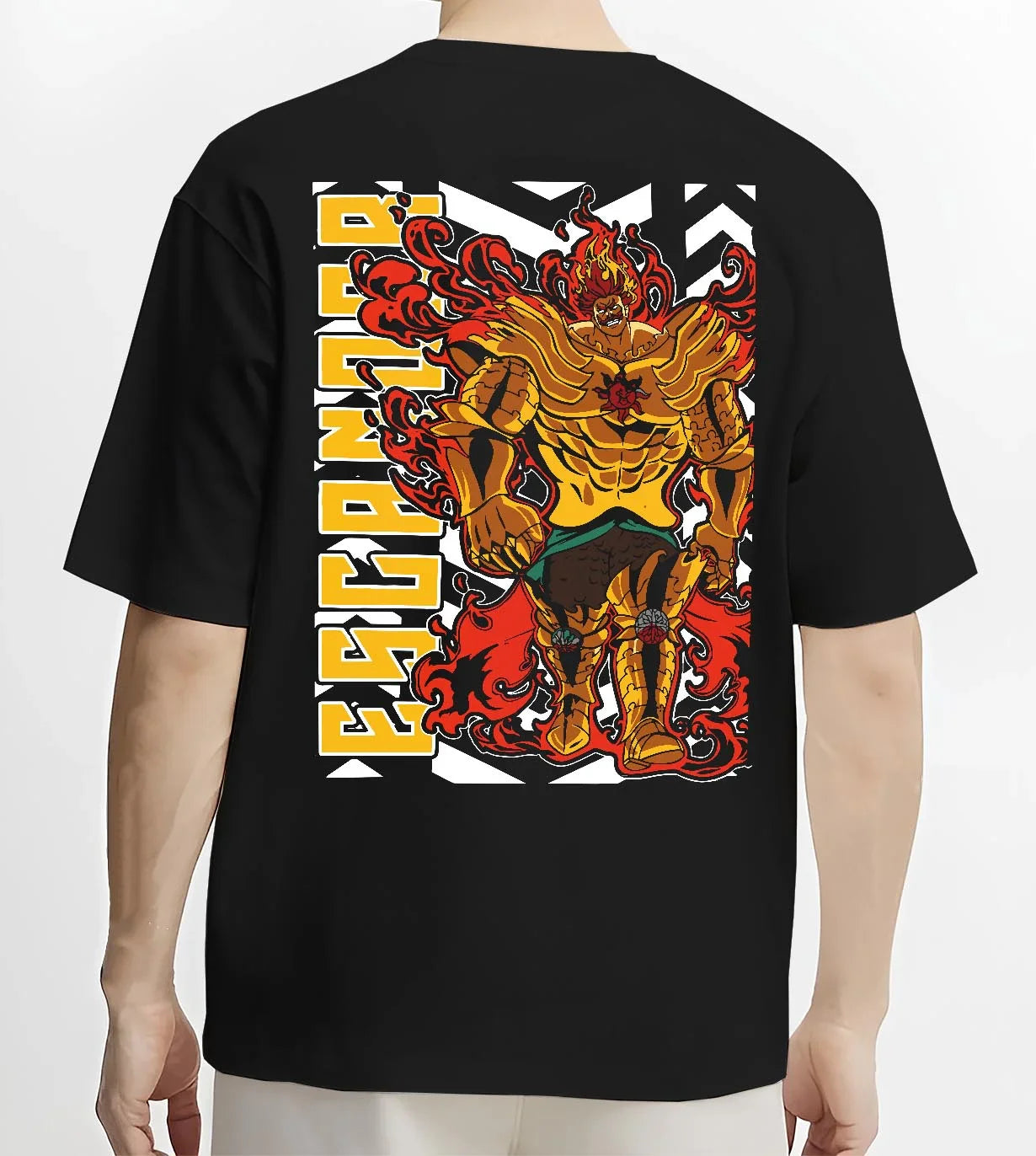 Black T-shirt worn by male model, back view with Escanor Hoodie Seven Deadly Sins Lion Sin Sunshine graphic premium wear.