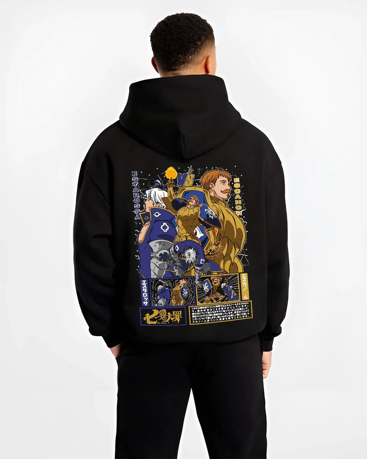 Black hoodie worn by male model, back view with Escanor Hoodie Seven Deadly Sins Flame Lion Warrior graphic streetwear graphic.