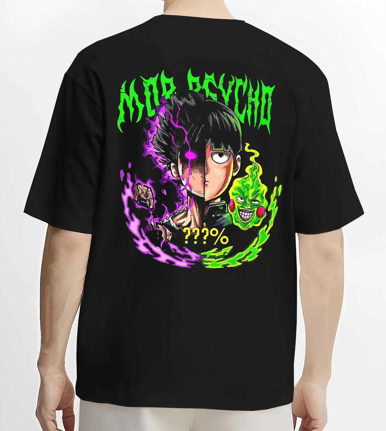 Black T-shirt worn by male model, back view with Mob Psycho 100 Hoodie Shigeo Kageyama Esper Jumper graphic premium wear.