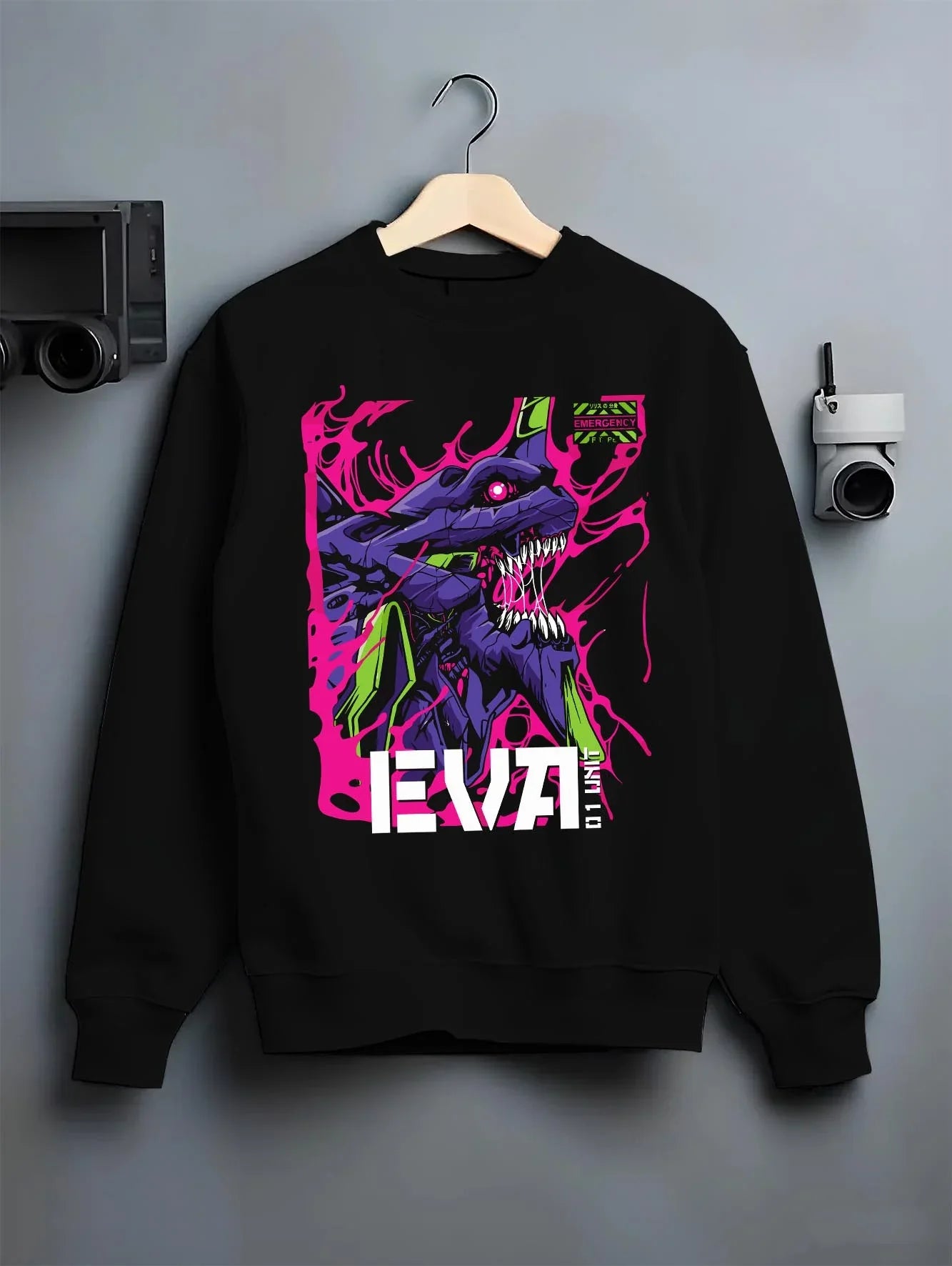 Black crewneck sweatshirt on hanger with Evangelion Unit 01 Hoodie Neon Genesis Mecha Purple graphic premium wear.