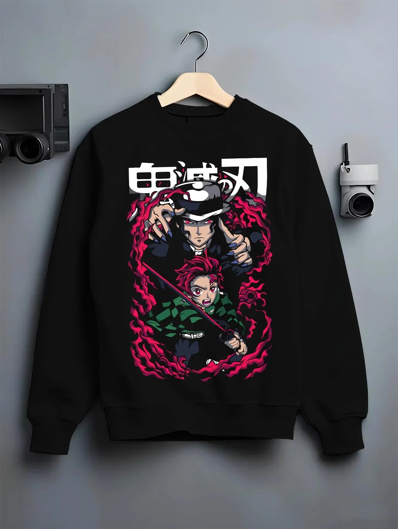 Black crewneck sweatshirt on hanger with Demon Slayer Hoodie Kokushibo Blade Duel Jumper graphic bold anime graphic.