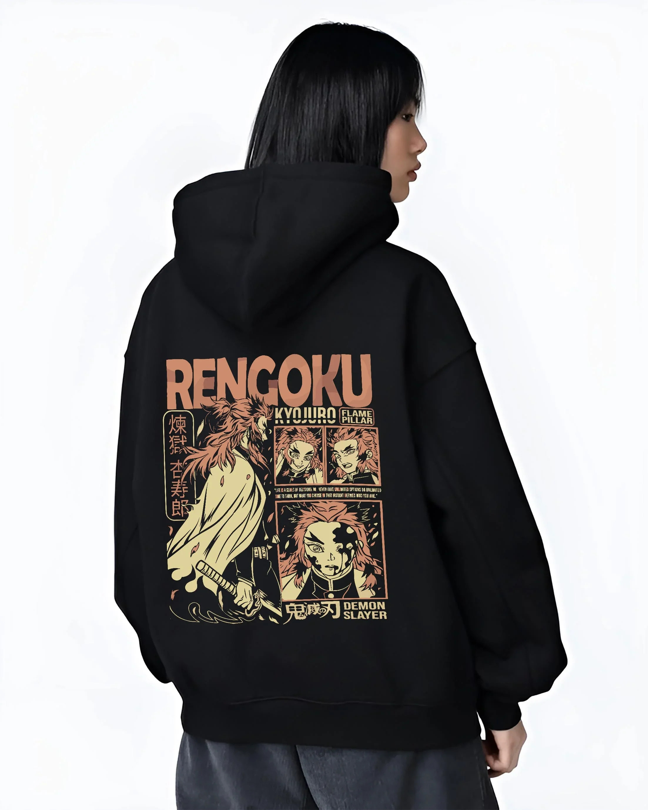 Black hoodie worn by female model, back view with Demon Slayer Rengoku Hoodie Flame Hashira Jumper graphic streetwear graphic.