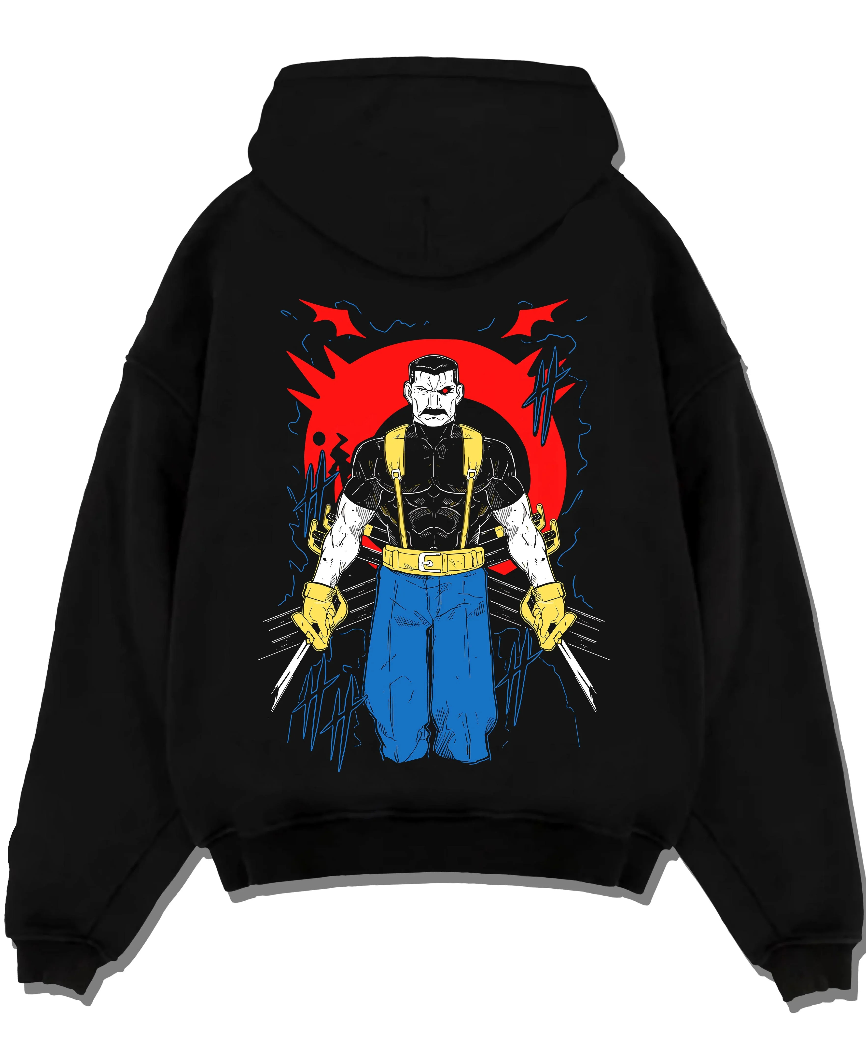 Black pullover hoodie laid flat with Armstrong Hoodie Fullmetal Alchemist Strongman Pose graphic premium wear.