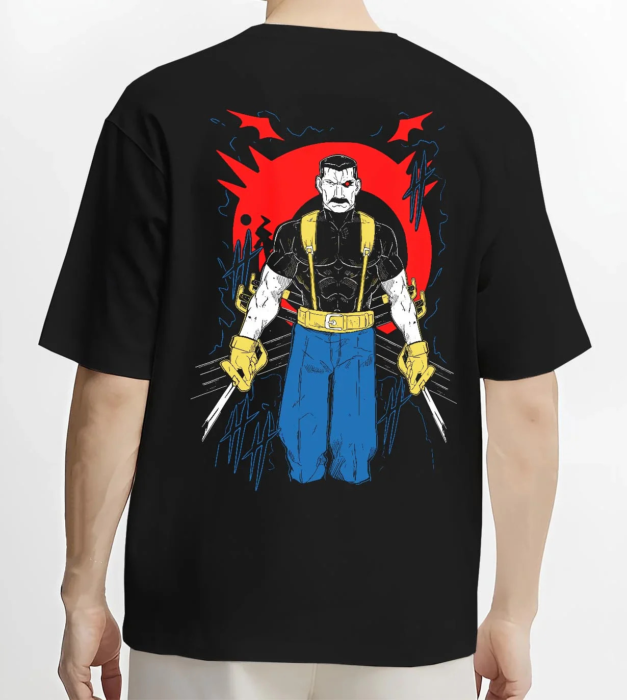 Black T-shirt worn by male model, back view with Armstrong Hoodie Fullmetal Alchemist Strongman Pose graphic premium wear.
