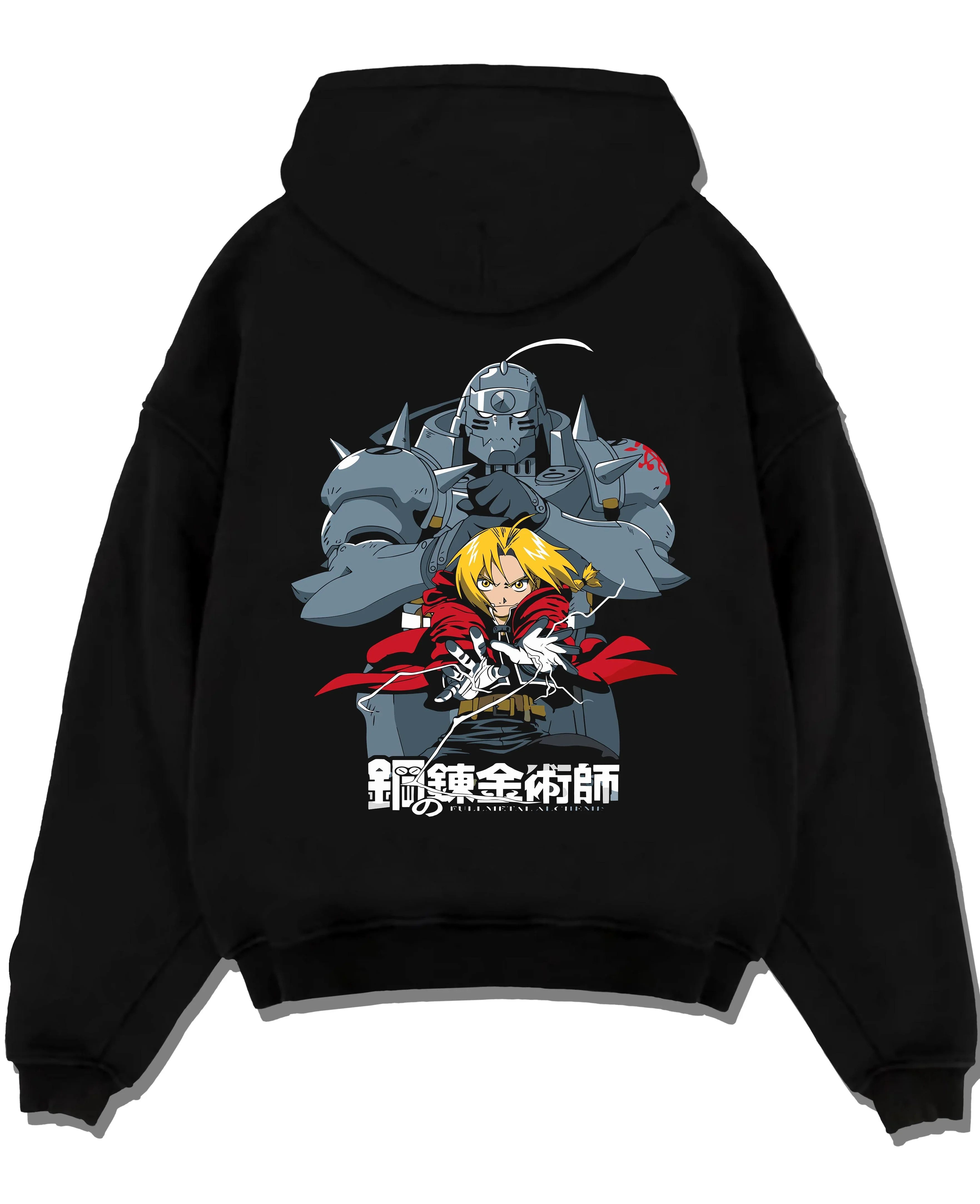 Black pullover hoodie laid flat with Edward Elric Hoodie Fullmetal Alchemist Silver Armor graphic streetwear graphic.
