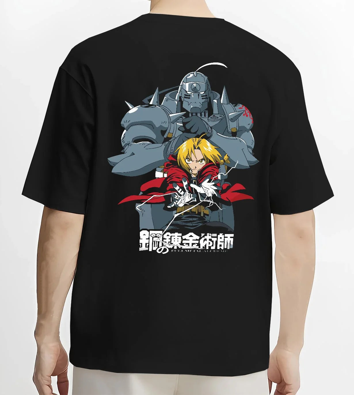 Black T-shirt worn by male model, back view with Edward Elric Hoodie Fullmetal Alchemist Silver Armor graphic streetwear graphic.