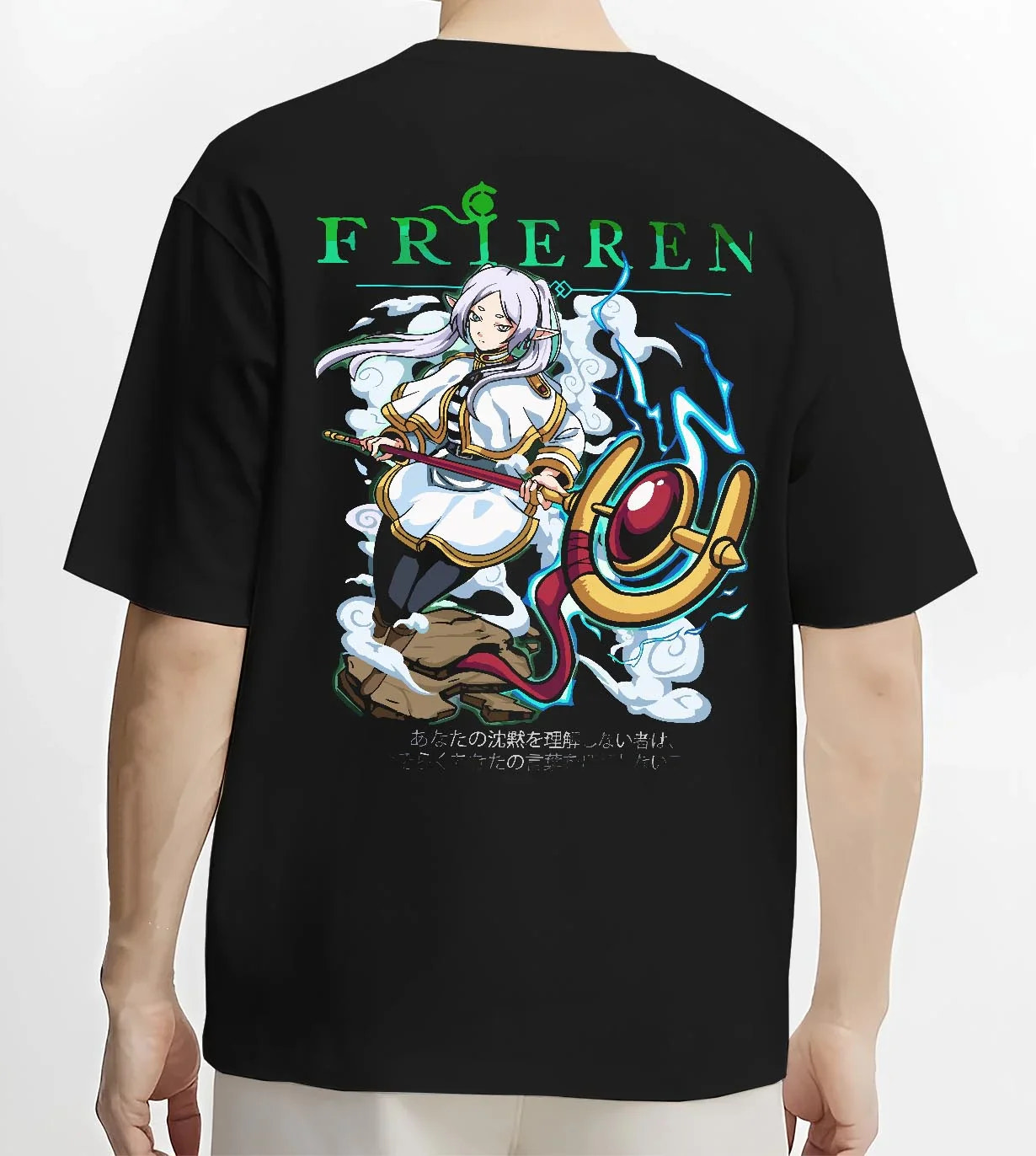 Black T-shirt worn by male model, back view with Frieren Hoodie Beyond Journey’s End Magic Pose graphic premium wear.
