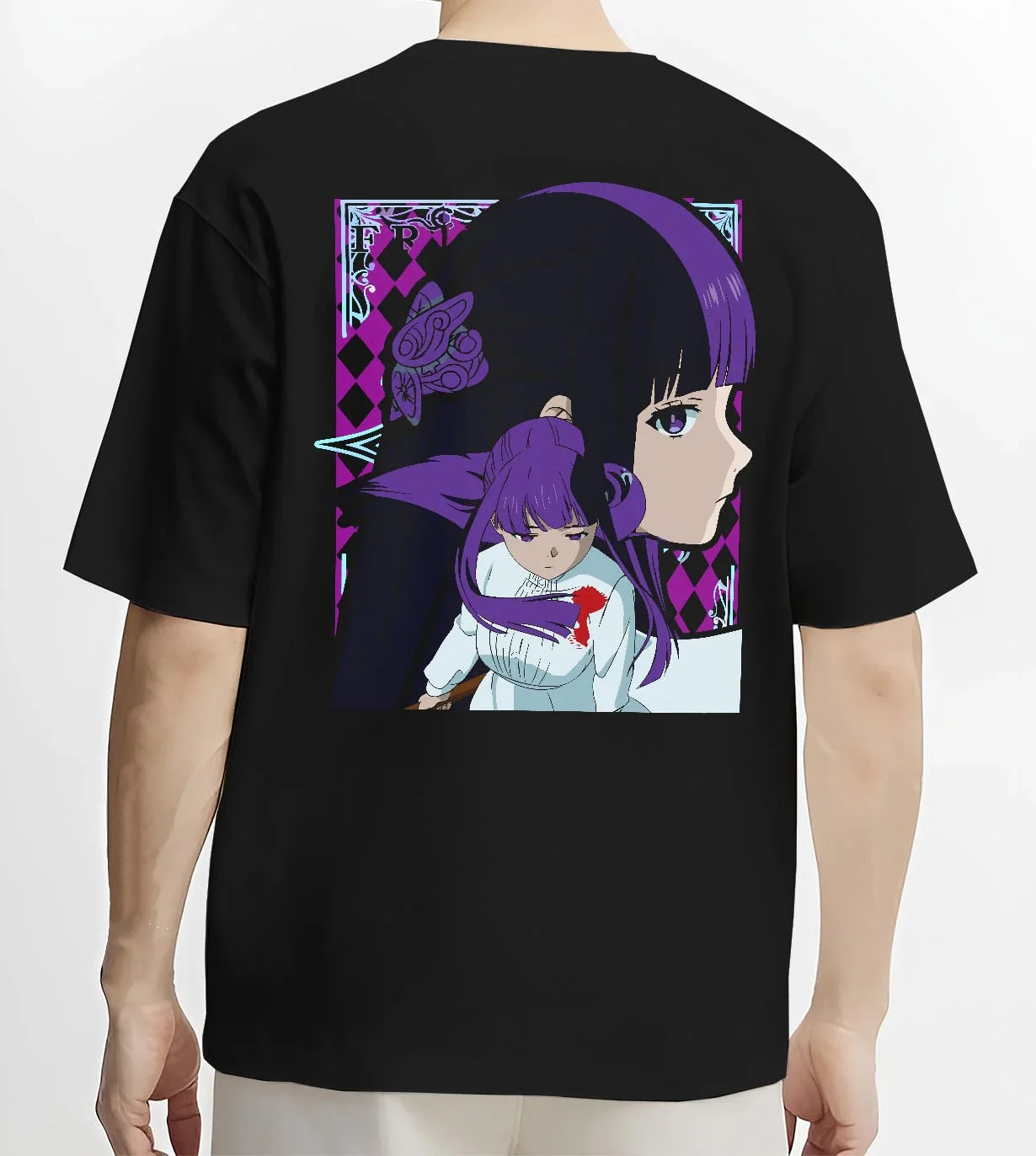 Black T-shirt worn by male model, back view with Frieren Hoodie Beyond Journey’s End Purple Dress graphic streetwear graphic.