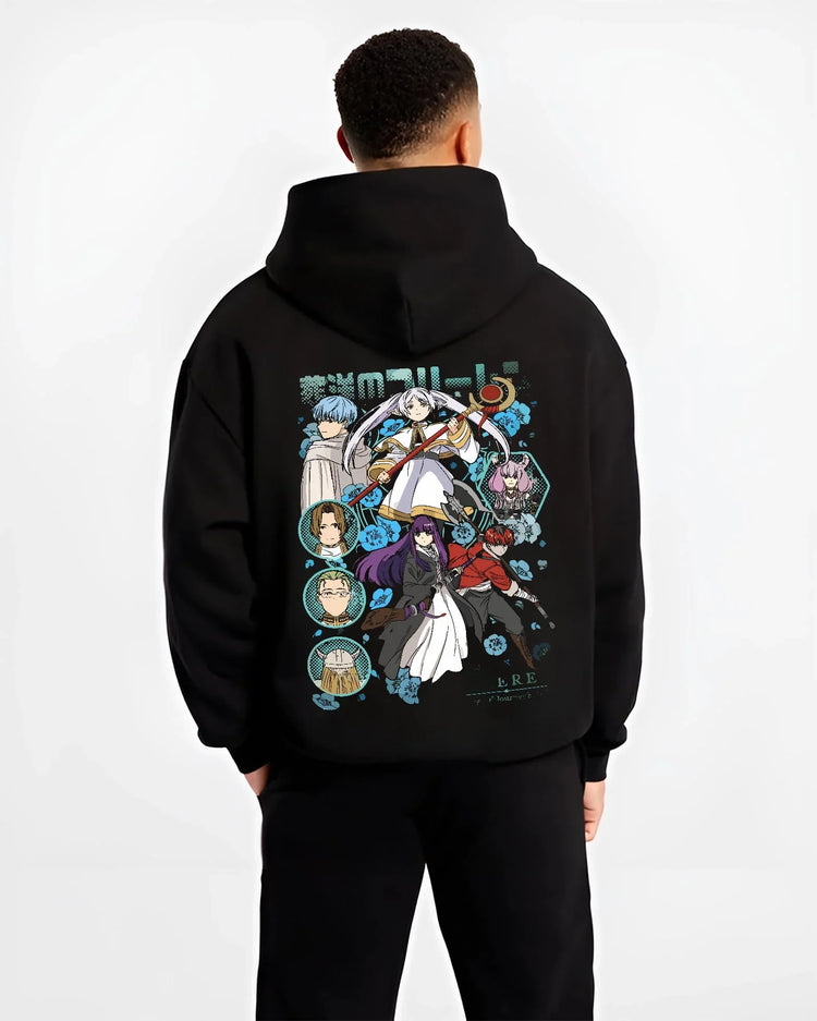 Black hoodie worn by male model, back view with Frieren Hoodie Beyond Journey’s End Adventure Cast graphic bold anime graphic.