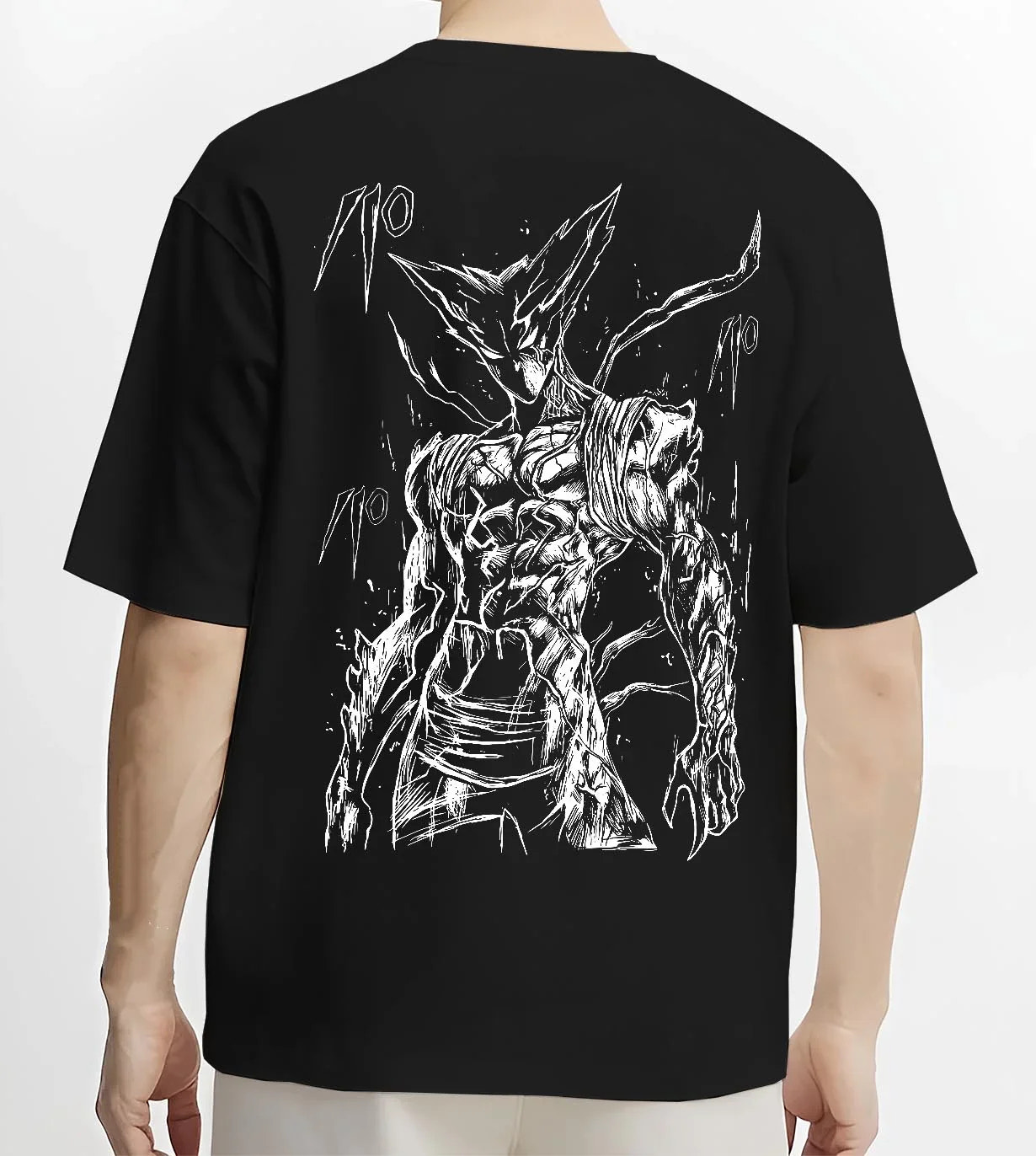 Black T-shirt worn by male model, back view with Bleach Hoodie Hollow Ichigo Silver Form Jumper graphic streetwear graphic.