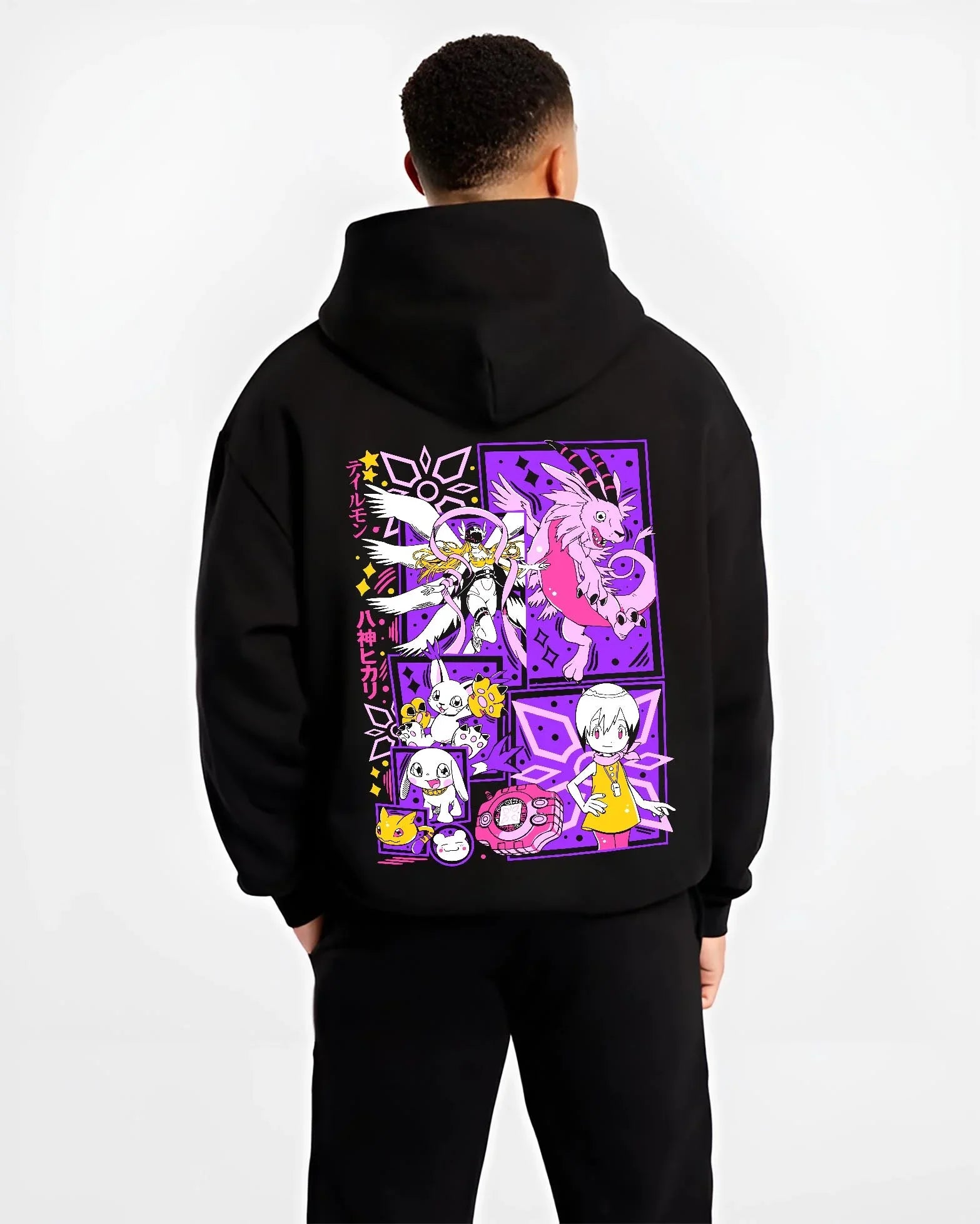 Black hoodie worn by male model, back view with Digimon Hoodie Gatomon Digital Monster Anime Jumper graphic premium wear.