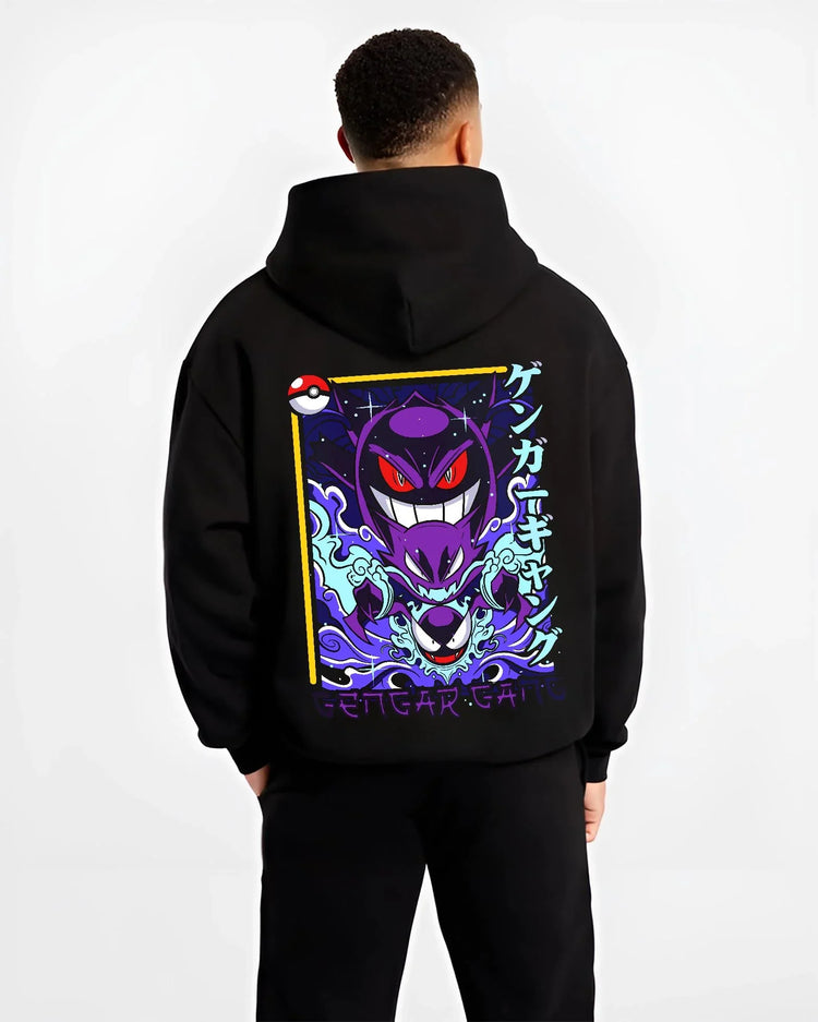 Black hoodie worn by male model, back view with Pokémon Hoodie Gengar Shadow Ball Jumper graphic premium wear.