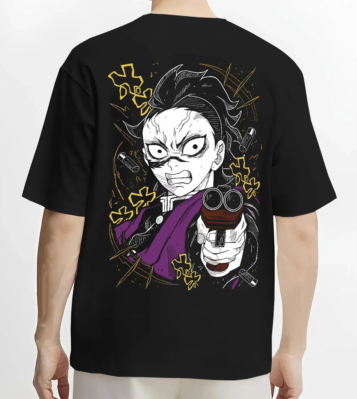 Black T-shirt worn by male model, back view with Demon Slayer Hoodie Yoriichi Tsugikuni Blade Jumper graphic premium wear.