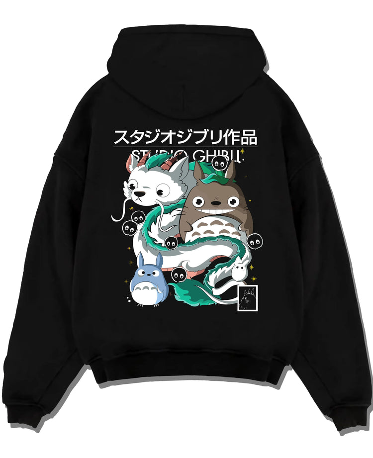Black pullover hoodie laid flat with Studio Ghibli Hoodie Totoro Blue White Jumper graphic premium wear.